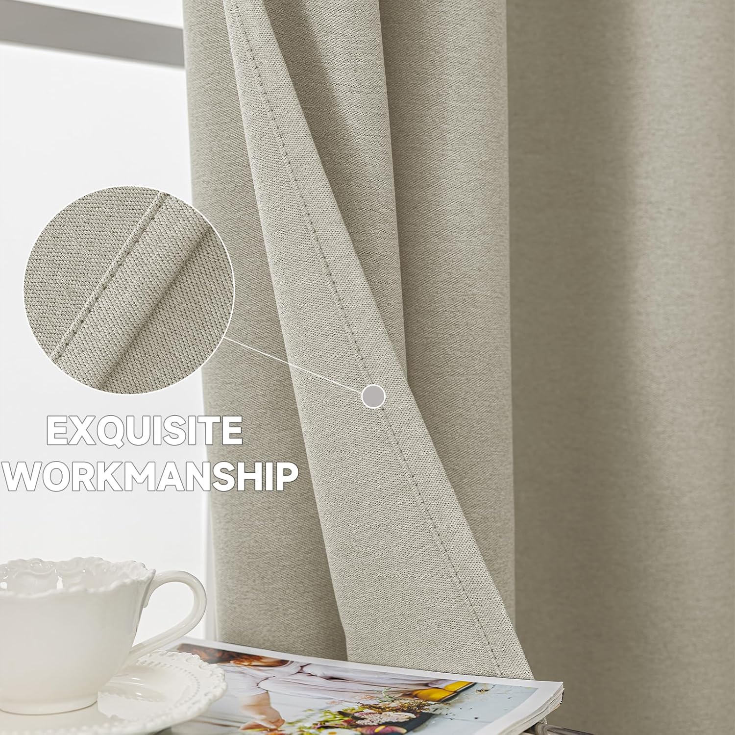 Detalle de Ystyle Rideau occultant thermique anti-froid et chaleur (lot de 2) effet lin, 140x300 cm, beige