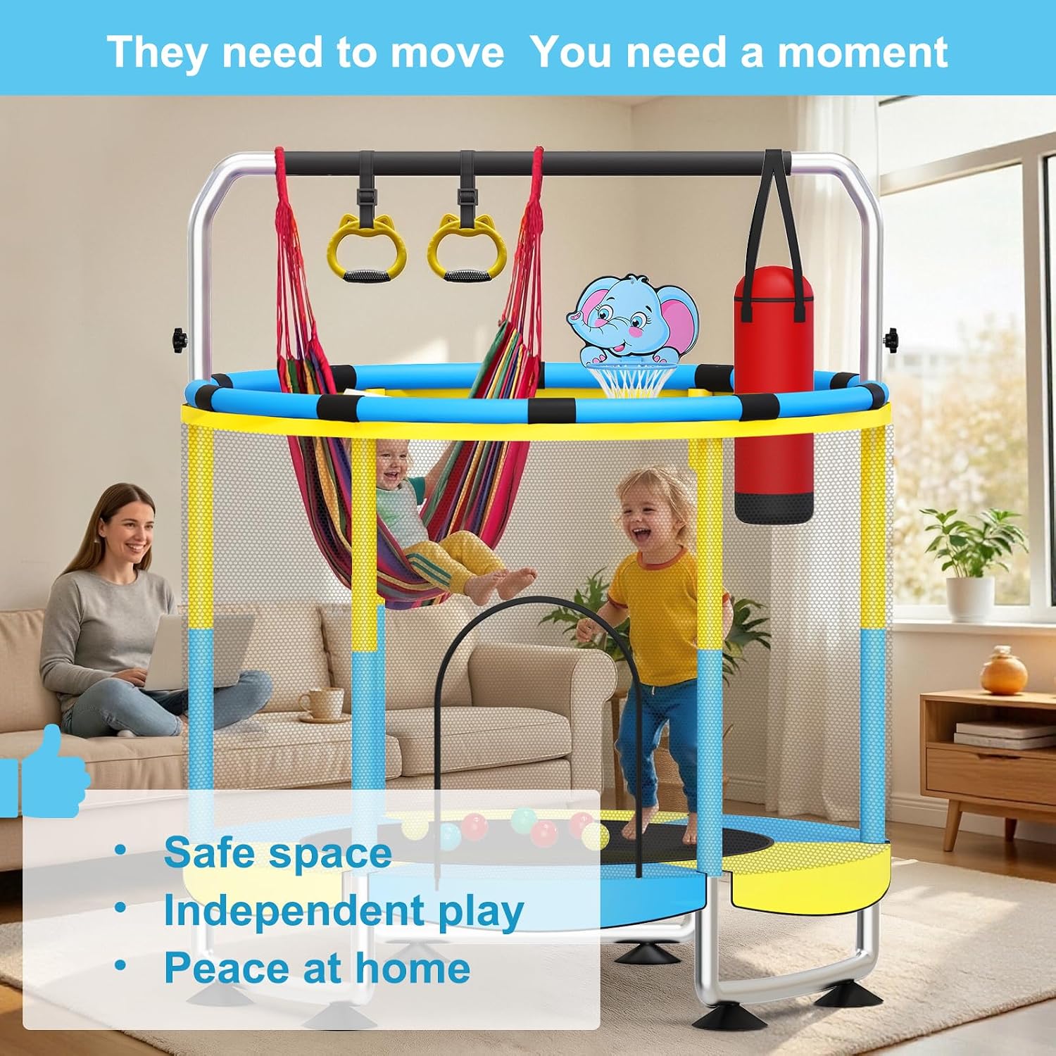 Thumbnail 6 de 55" Kids Trampoline: 5-in-1 Indoor/Outdoor with Adjustable Gym Bar & Toys