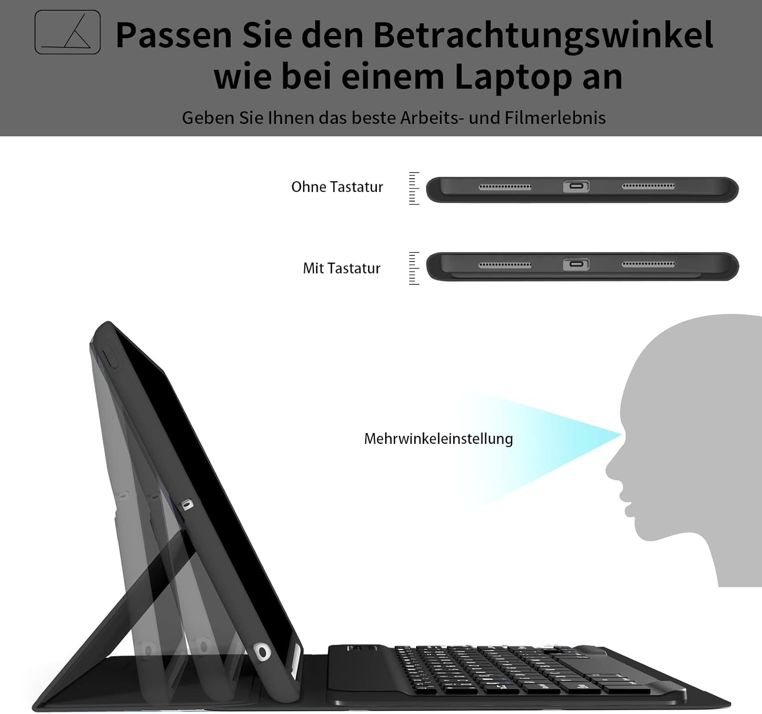 Thumbnail 6 de aoub Hülle mit Tastatur für iPad 9./8./7. Generation – 10,2 Zoll Kabellose QWERTZ Tastaturhülle mit Stifthalter, Schwarz