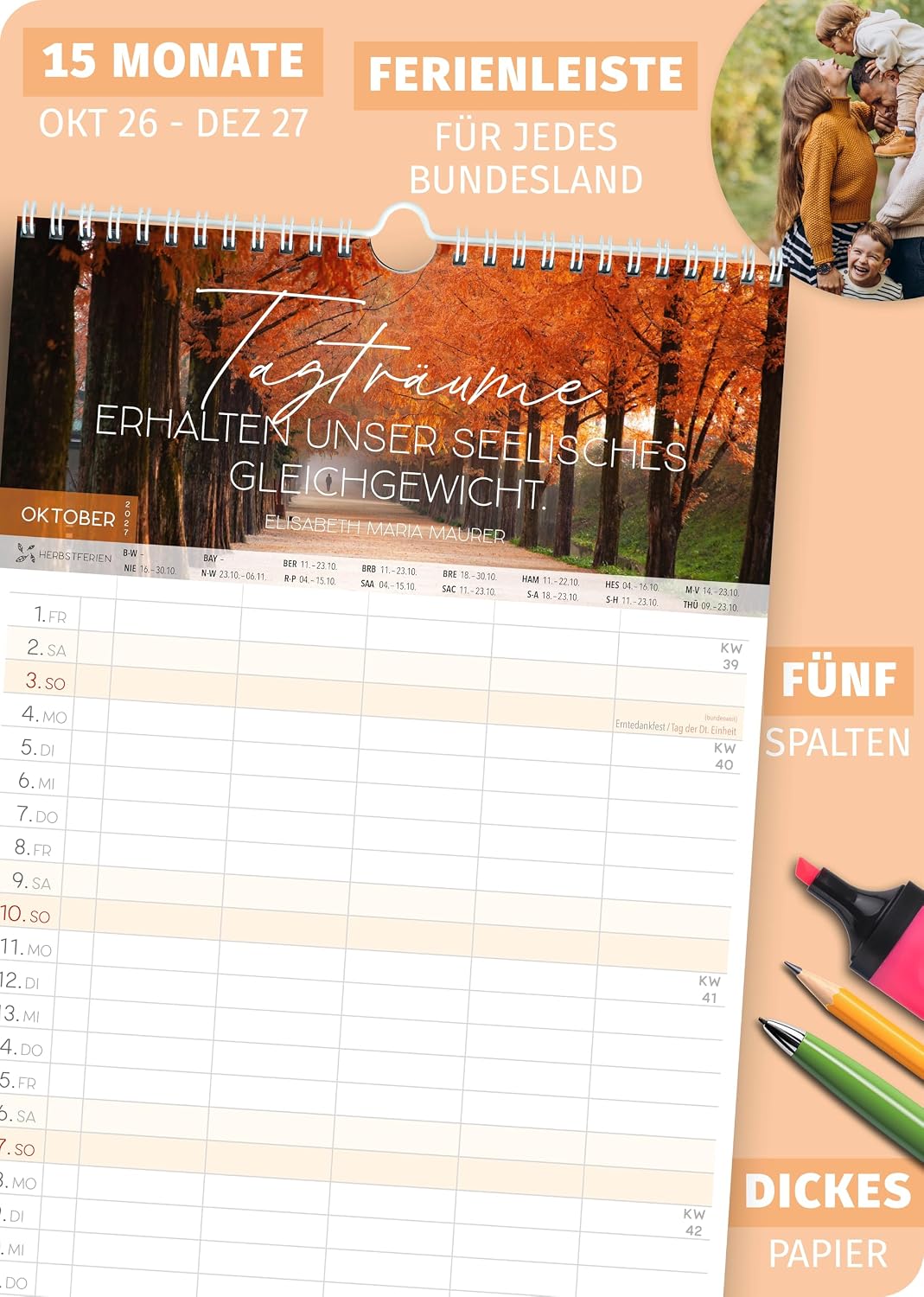 Detalle de Spielefabrik Familienkalender 2027 – Fünf Spalten WEISHEITEN, 23 × 43 cm