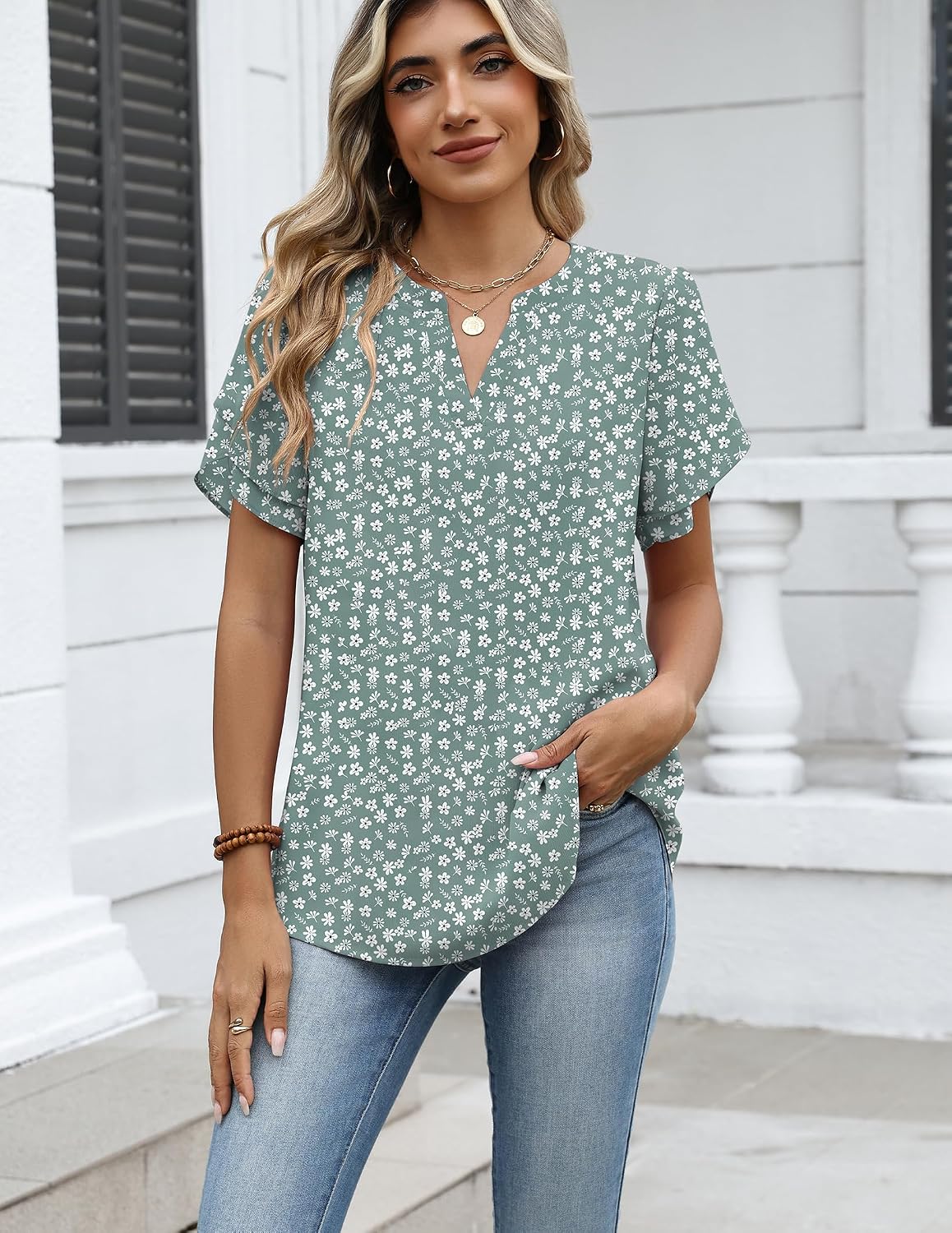 Detalle de Zeagoo Women's Short Sleeve V-Neck Blouse in Lightweight Polyester Crepe