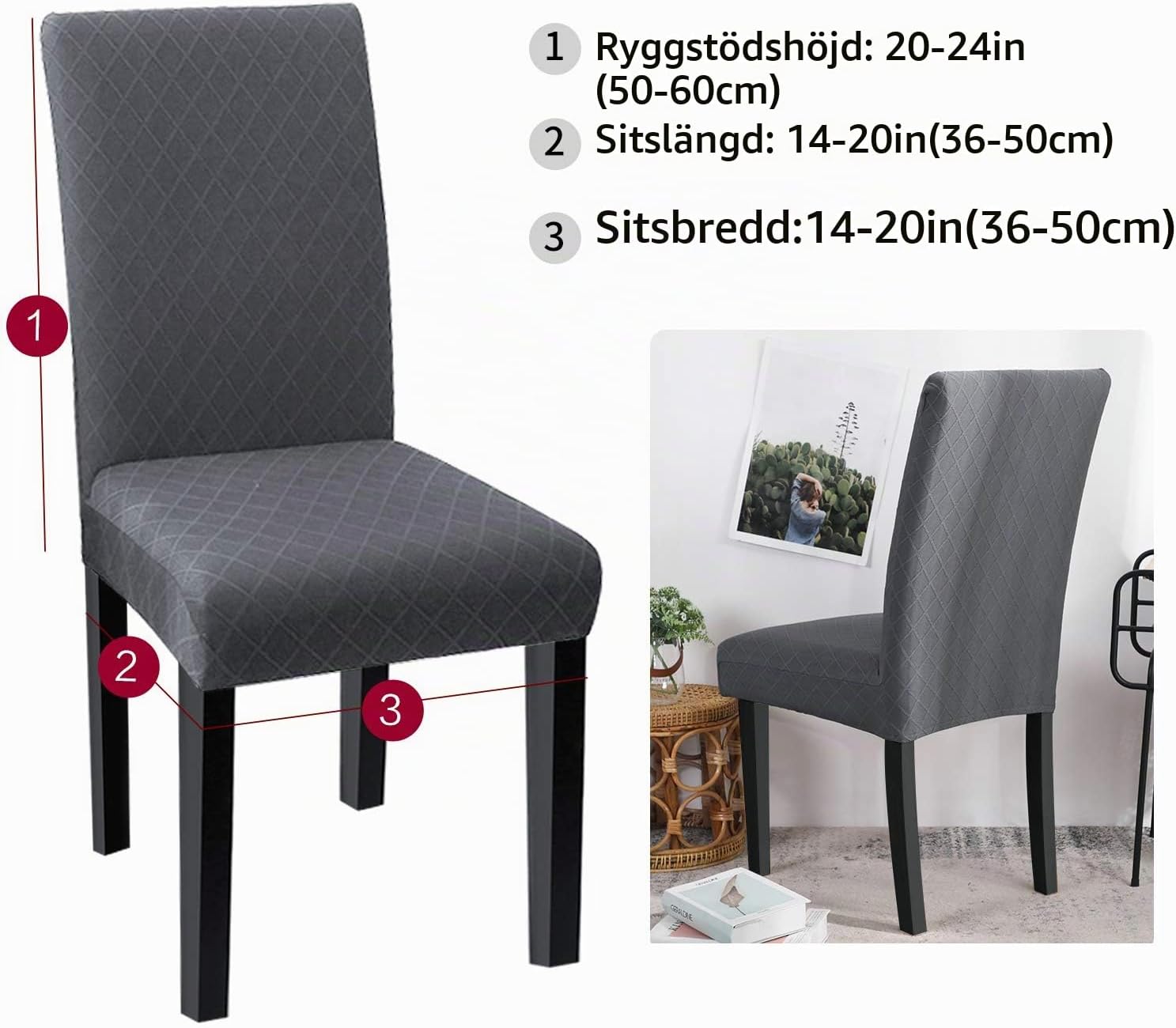 Detalle de Fuloon stolsöverdrag i stretch, mörkgrå och rutiga