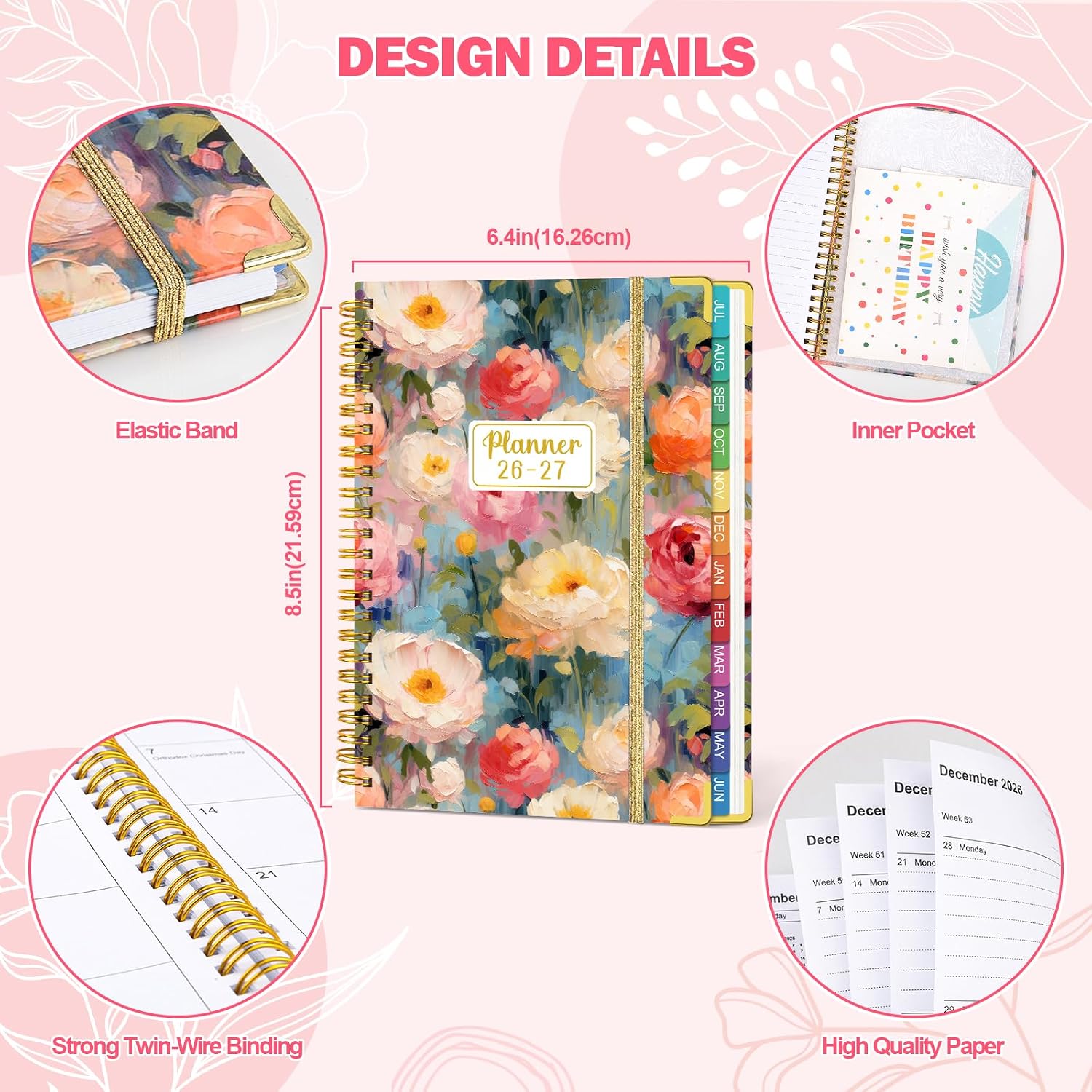 Detalle de OMEYA 2026–2027 Weekly and Monthly Planner, Floral PVC Cover, Monthly Tabs