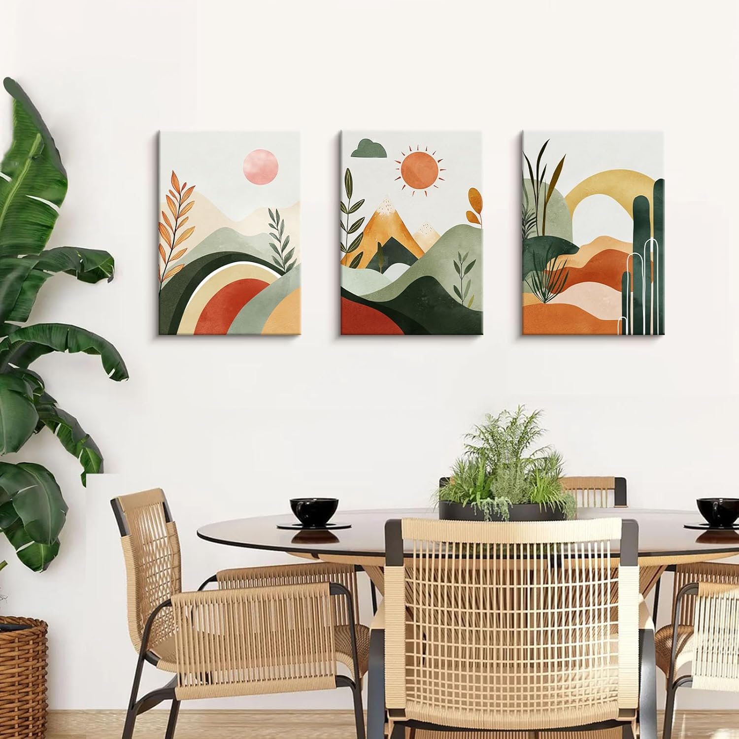 Thumbnail 3 de 3-teilige Leinwandbilder im Boho-Look (Grün) mit Berg & Sonne, ca. 120x60 cm, gerahmt