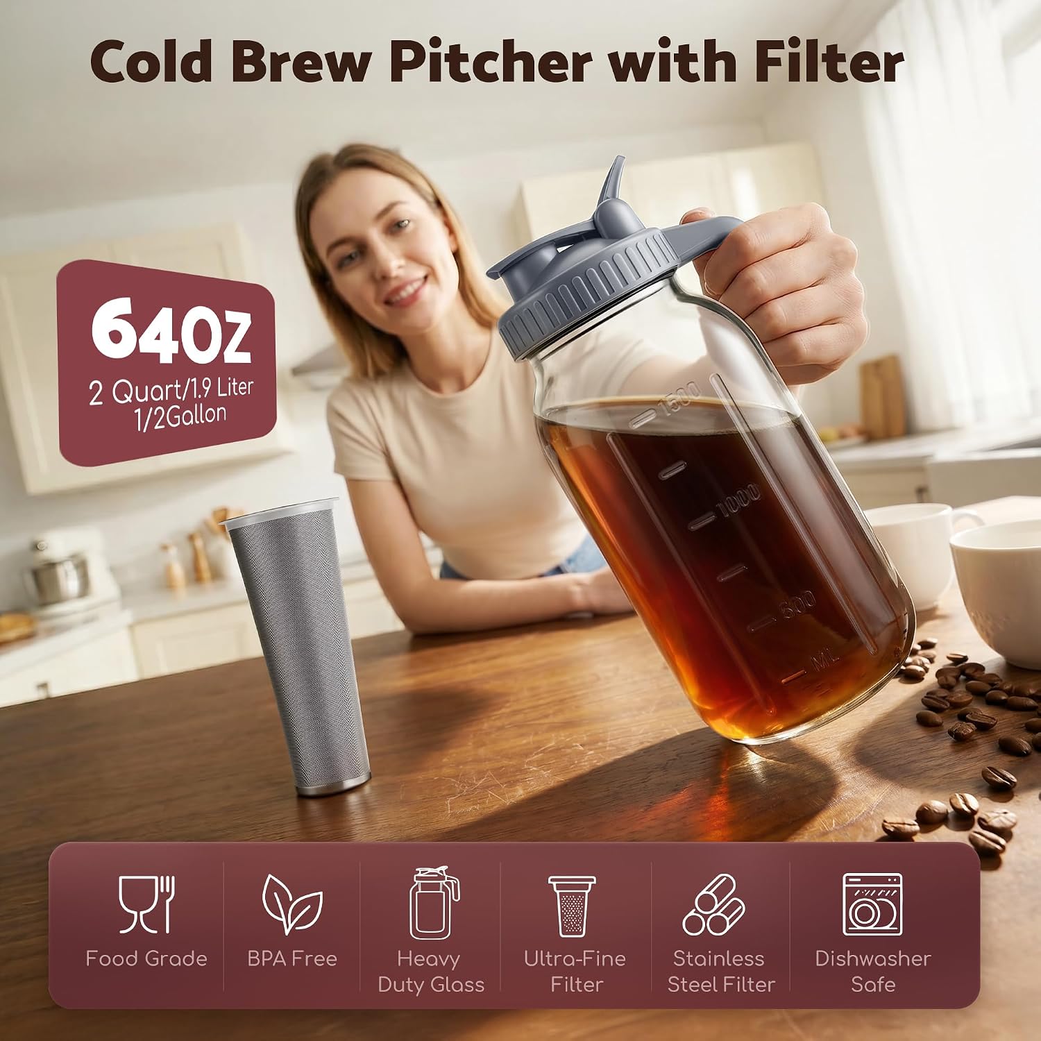 Detalle 2 de JunVpic 64oz Cold Brew Pitcher with Ultra-Fine Stainless Steel Filter