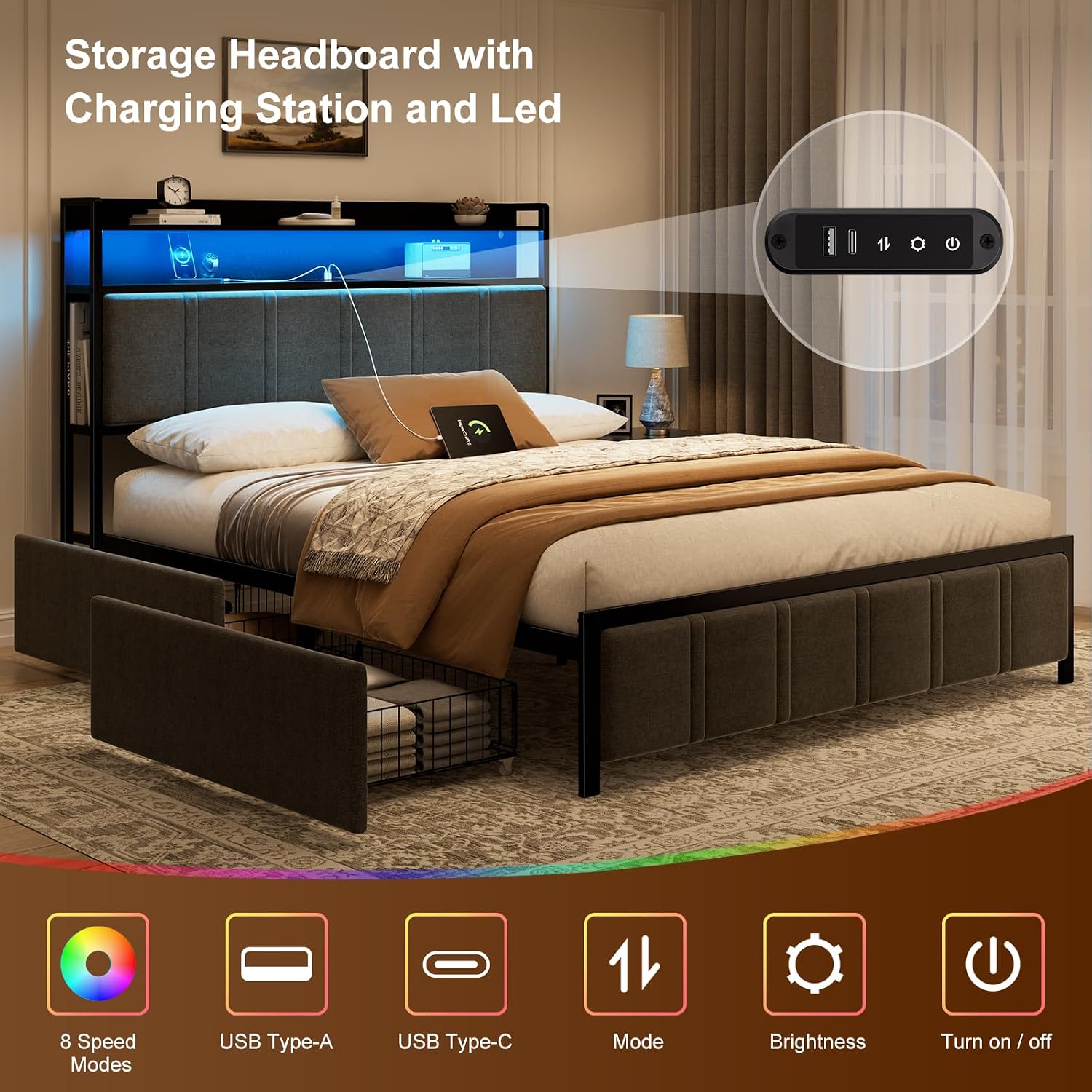 Detalle 1 de Isometrics HB061GKGY Queen Bed Frame with Storage, Grey Upholstery and RGB LED