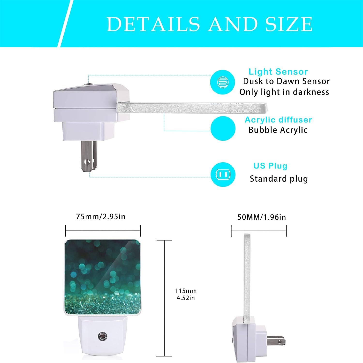Detalle de Oeaskly SBD04 Green Glitter Plug-In LED Night Light with Dusk-to-Dawn Sensor