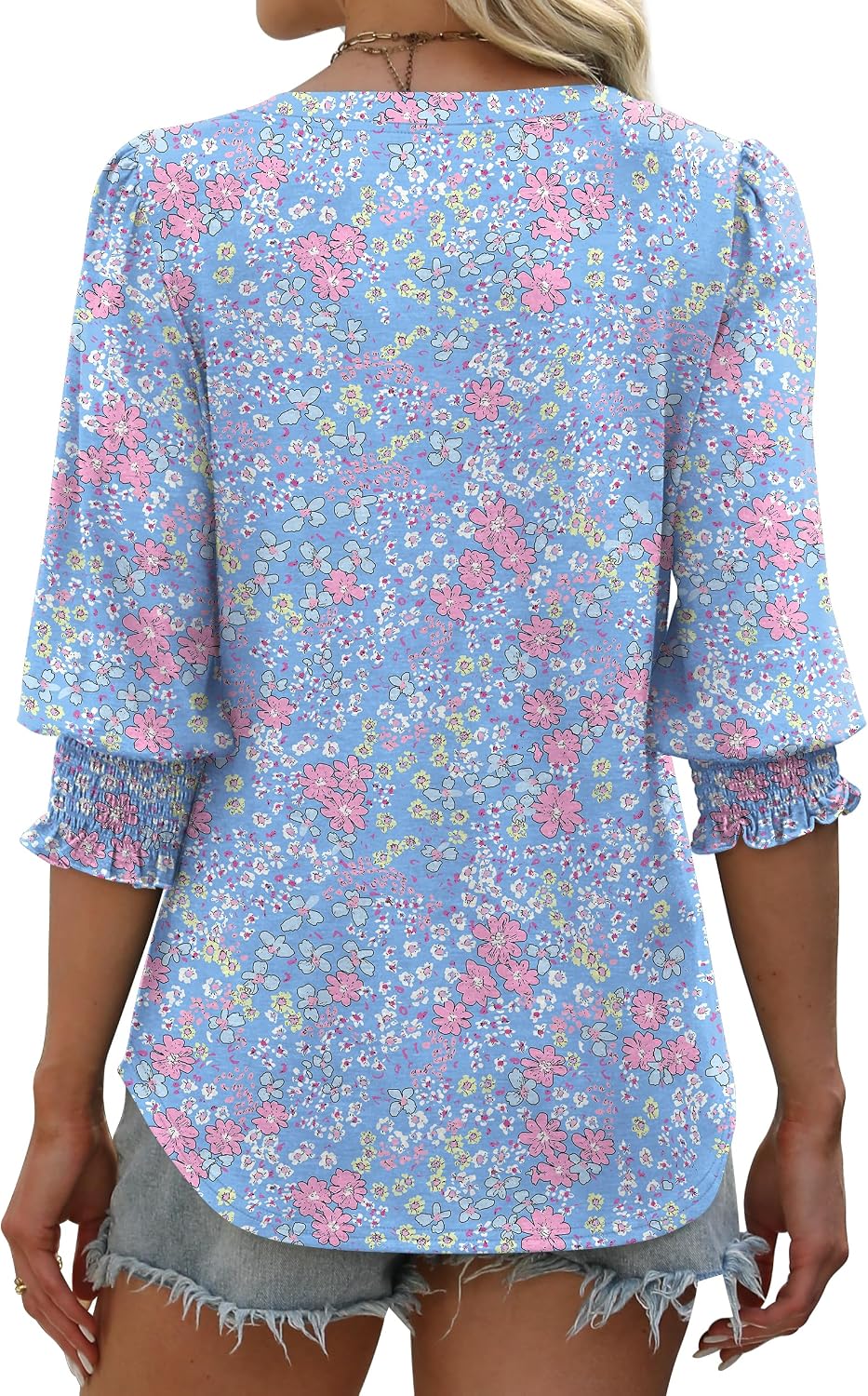 Detalle 2 de Aokosor Women's 3/4 Sleeve V-Neck Puff Sleeve Blouse — Office-Ready Tunic