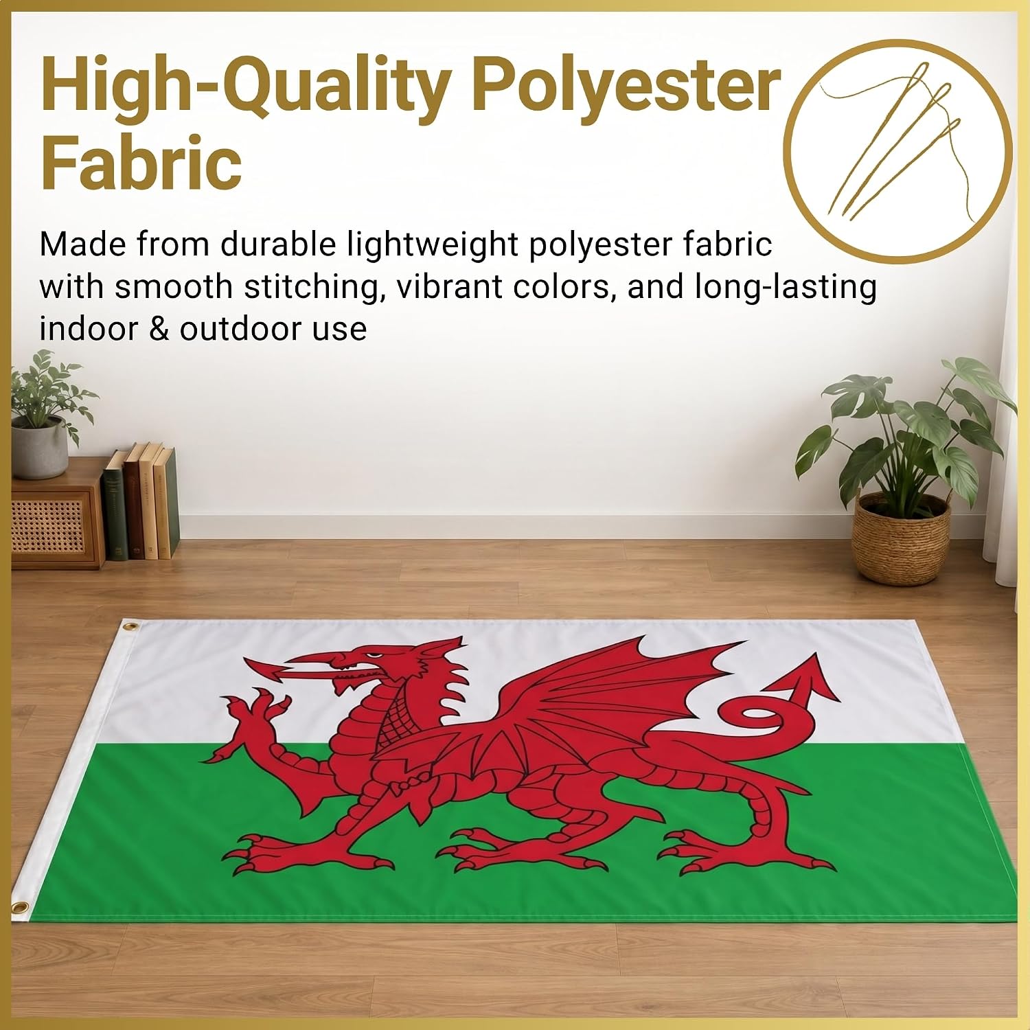Detalle de Wales Dragon Cymru Flag 8ft x 5ft with Brass Eyelets – Large Polyester Welsh Flag Banner