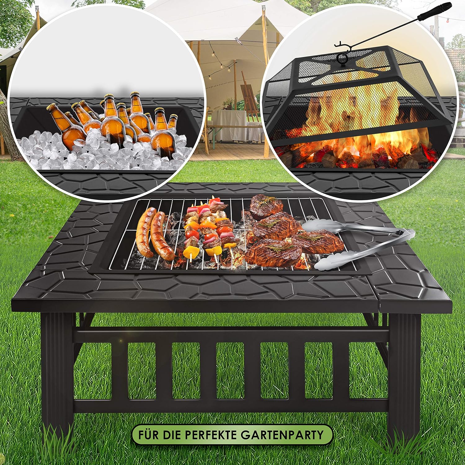 Thumbnail 2 de KESSER Feuerstelle mit Grillrost & Grillzange (82×82×50 cm) – 3in1 Fire Pit für Garten, Terrasse & Grillabend