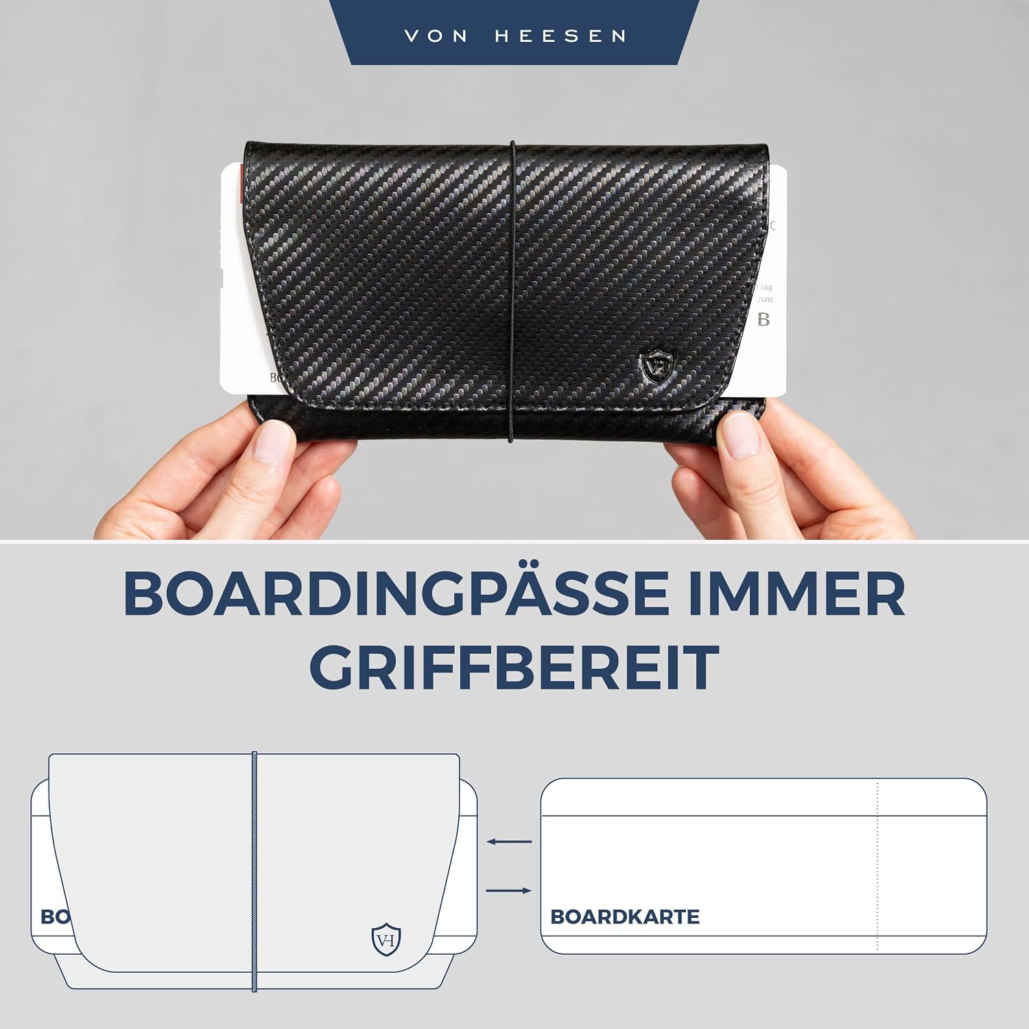 Detalle de VON HEESEN Leder Reisepasshülle mit RFID-Schutz – Carbon Schwarz aus echtem Leder