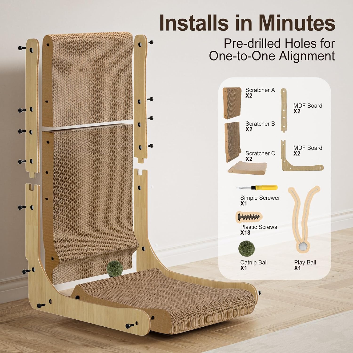 Thumbnail 6 de Gimars Thickened L Shape 68cm cardboard cat scratcher with mint ball (wall mounted)