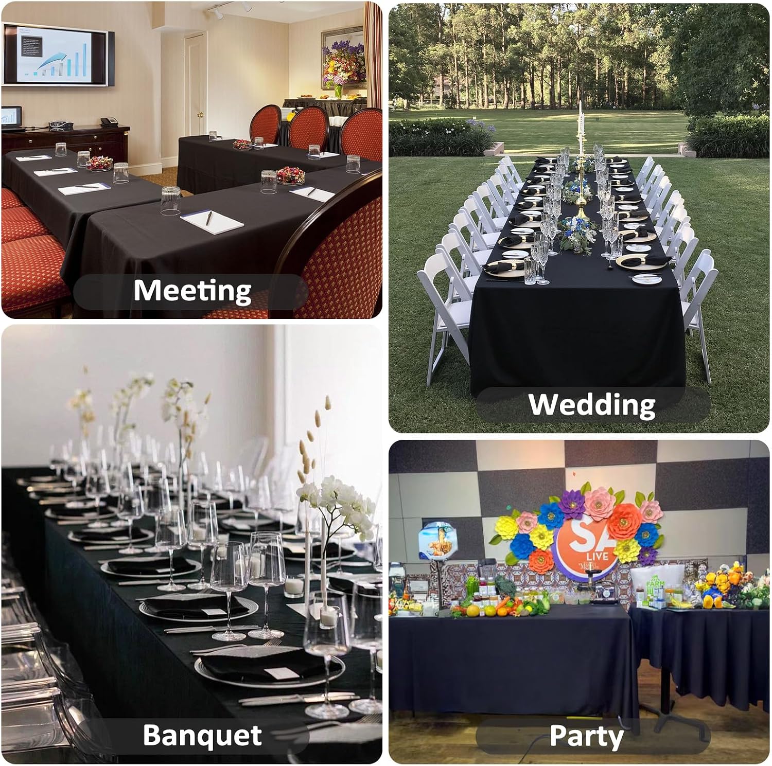 Detalle de Heneger 8 Pack Black Tablecloths — 90 x 132 Inch Rectangular, Wrinkle-Resistant Polyester