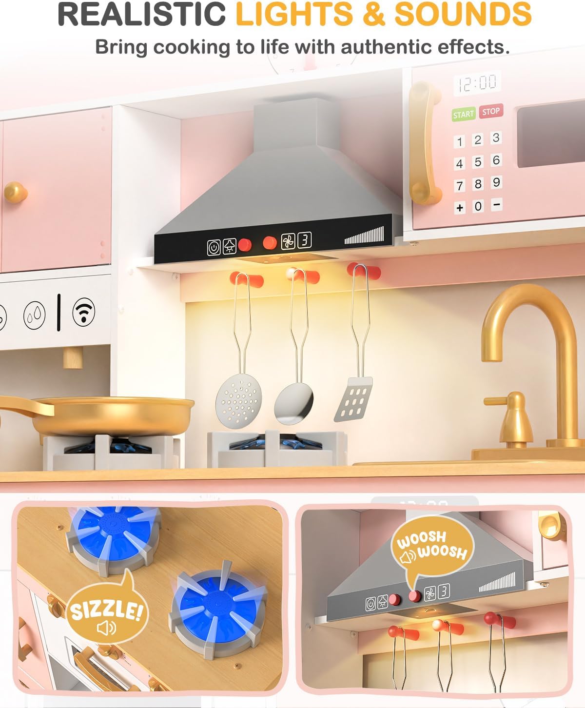 Detalle de Babytronic Wooden Play Kitchen Set (Pink) for 3+ | Lighted stove, oven, microwave & 31 accessories