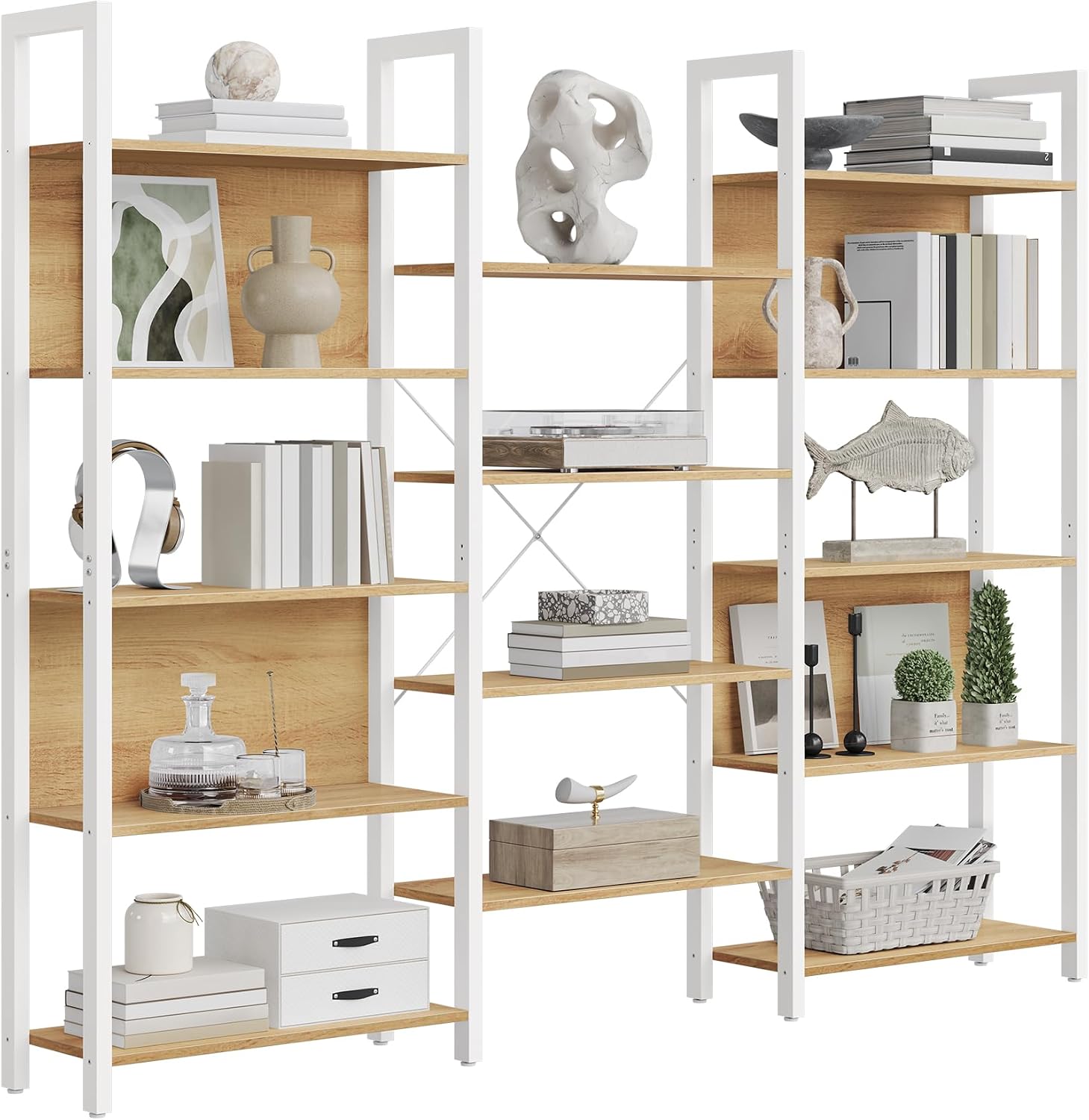 Detalle de VASAGLE BARNET LLS107YA01 14-Shelf Bookcase, Steel Frame, Golden Oak and White