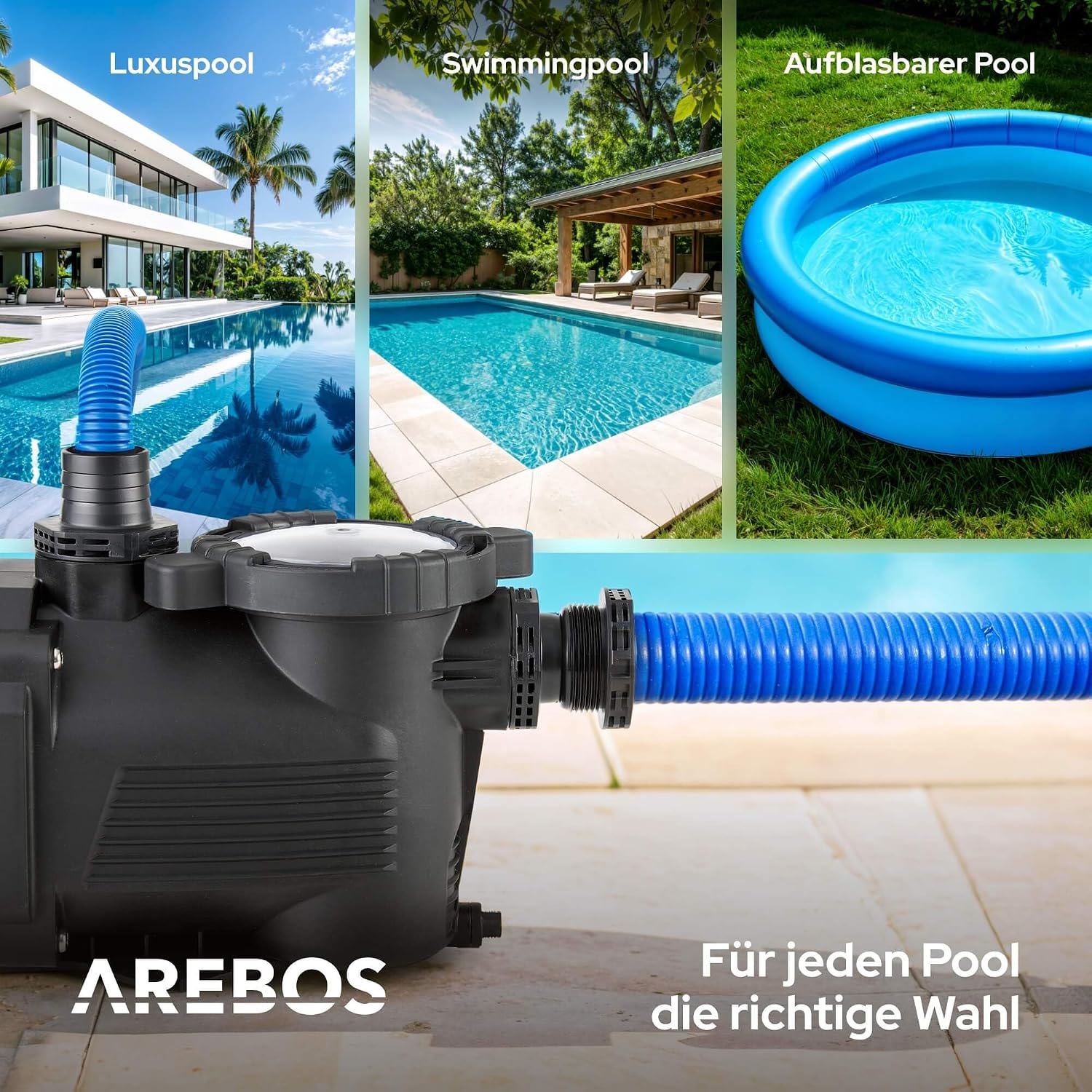 Detalle de AREBOS Schwimmbadpumpe 350 W (9500 l/h) mit Vorfilter – Filterpumpe für Pool-Sandfilteranlagen