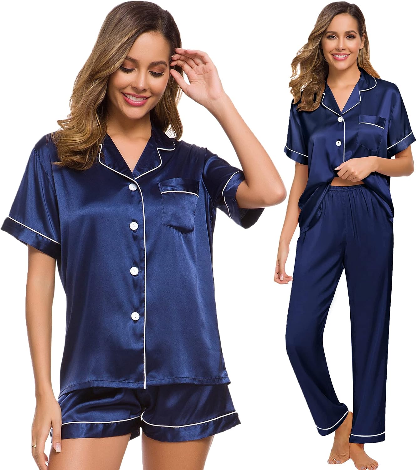 Detalle 2 de SWOMOG SWOMOG- 3-Piece Satin Pajama Set with Short-Sleeve Top
