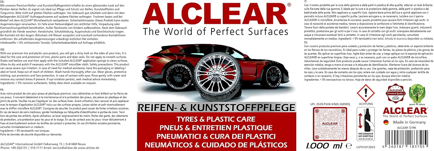 Detalle 2 de ALCLEAR 721RK Reifenglanz 1000 ml – Pflege für Reifen, Dichtungen und Kunststoffleisten