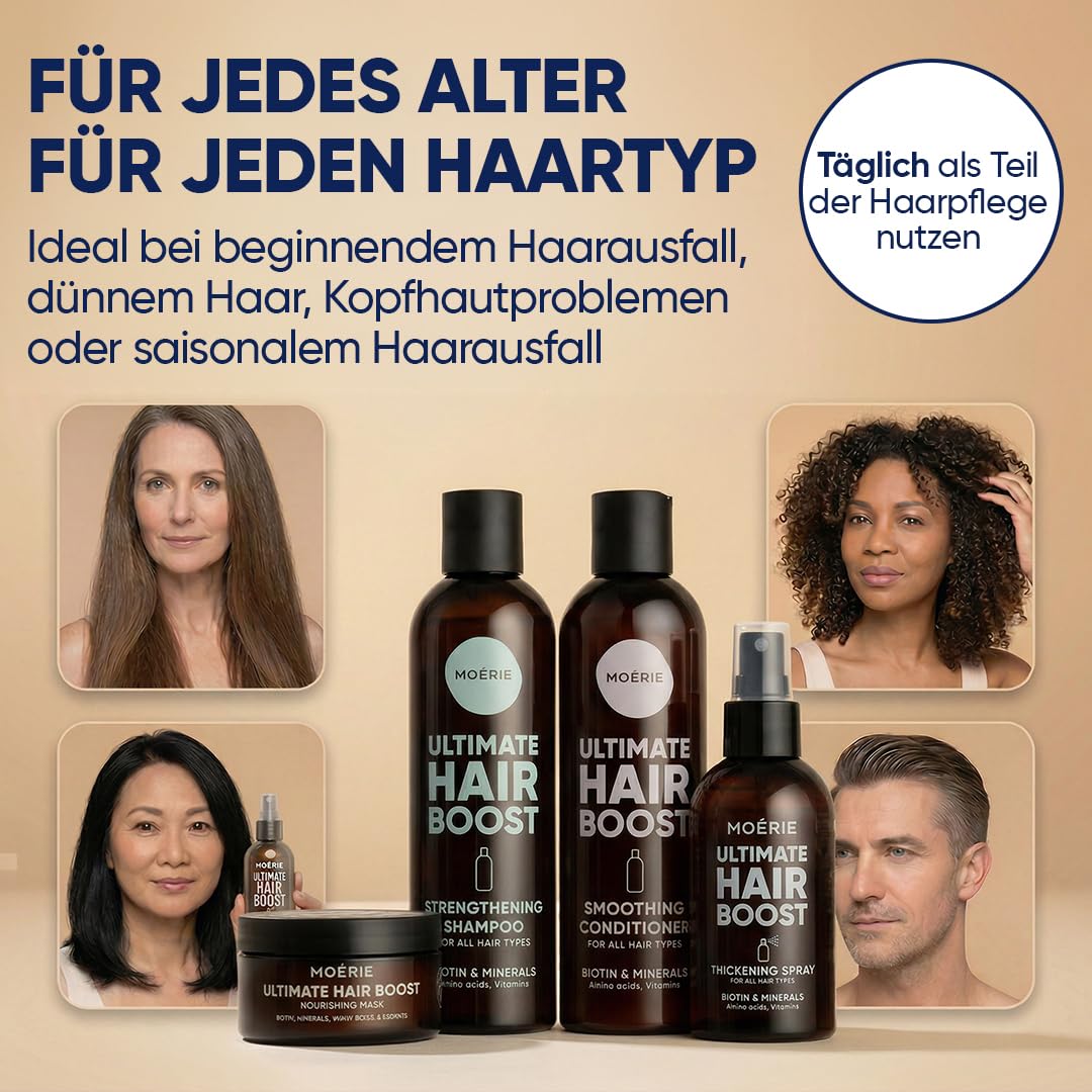 Detalle de Moerie Shampoo Set gegen Haarausfall (Conditioner, Haarwachstums-Serum & Haarmaske, veganes 8er-Set mit 77 Mineralien)