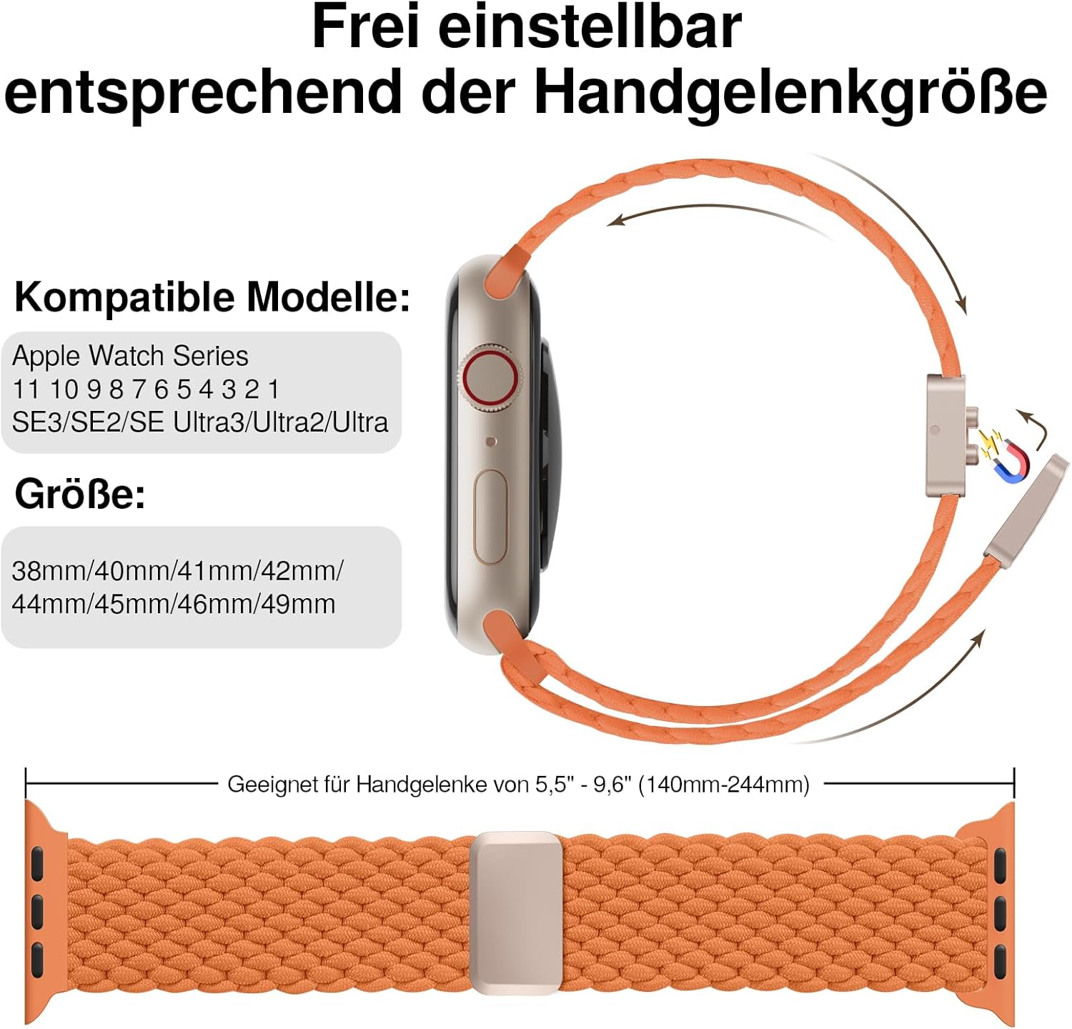 Thumbnail 2 de Braided Nylon Magnetic Snap Strap for Apple Watch (38mm–49mm) – Braided Elastic Loop for Series 1 to 11 & SE