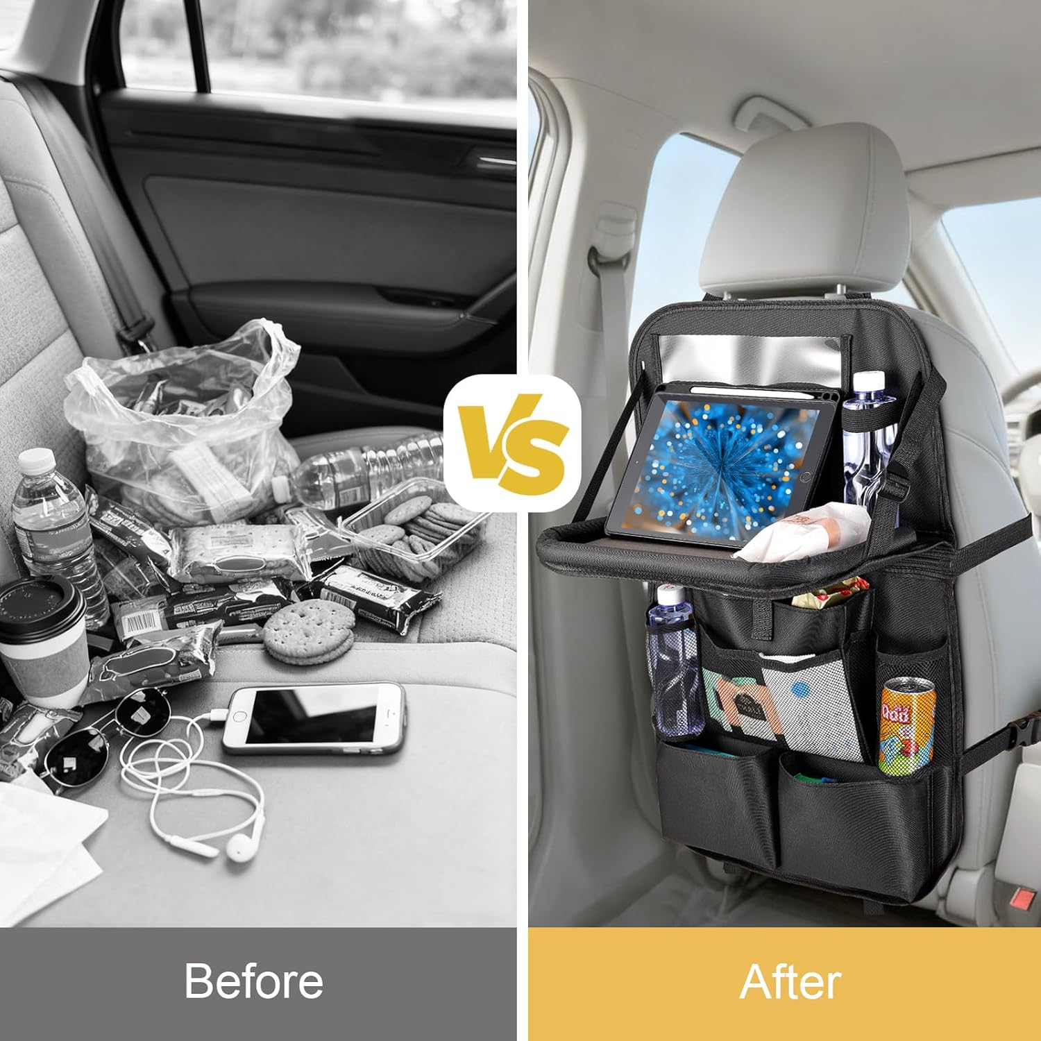 Detalle de Rilime Car Seat Organiser (2-Pack) with Foldable Table Tray and Tablet Holder