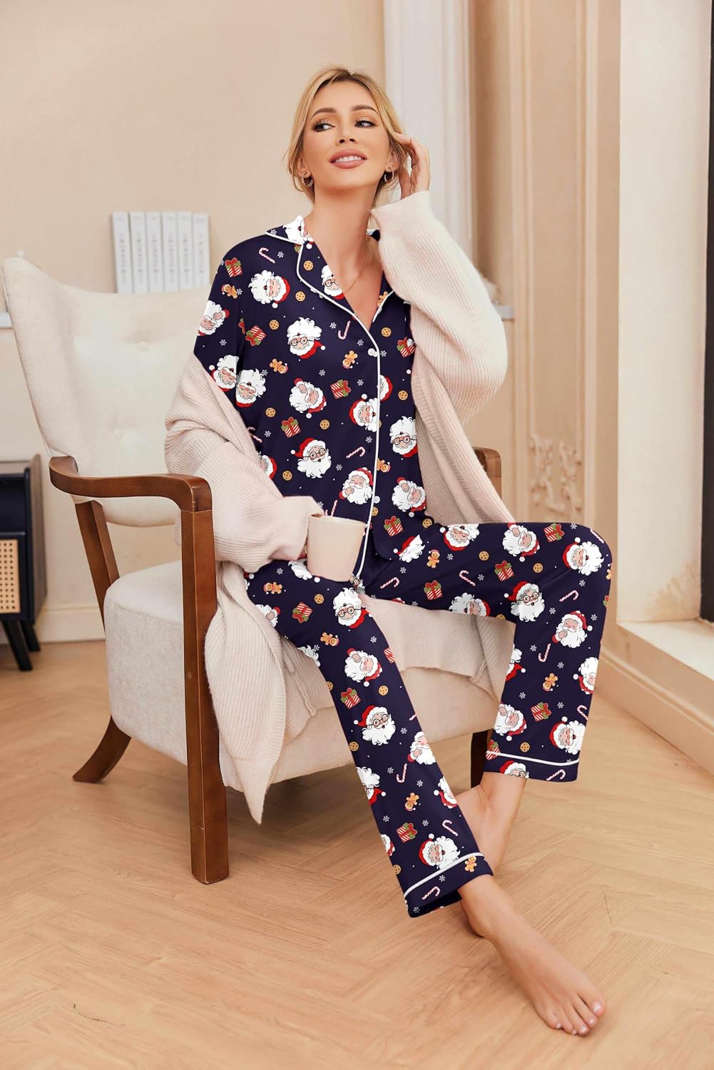 Detalle de Ekouaer Women's Long-Sleeve Pajama Set, Button-Down Rayon-Blend Loungewear
