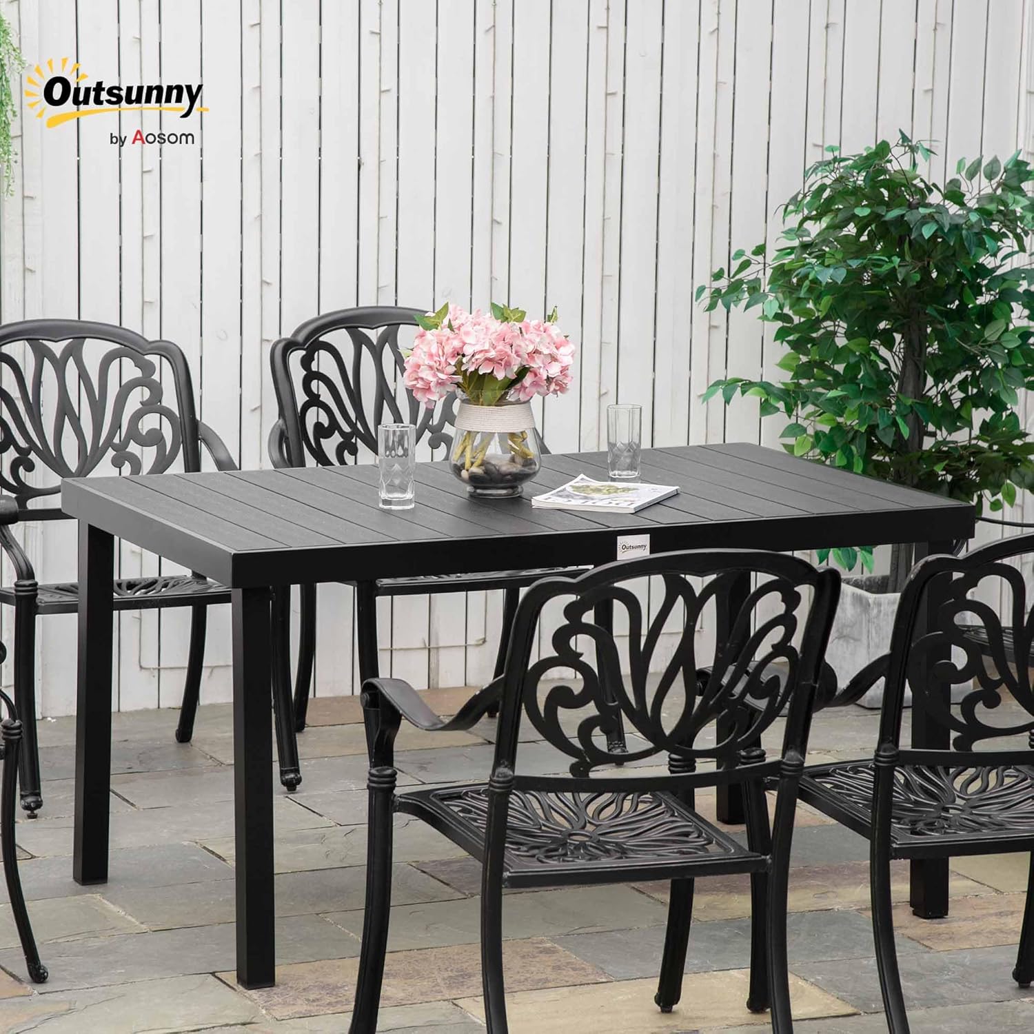 Detalle de Outsunny Table à Manger de Jardin pour 6 Personnes — Table extérieure en Aluminium, 140 × 90 × 74 cm, Noir