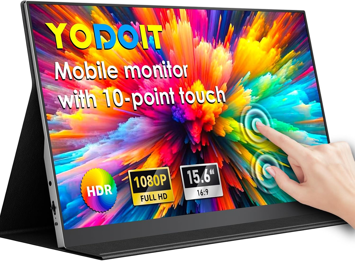 Detalle de Yodoit Portable Monitor mit Touchscreen 15,6 Zoll – USB-C/HDMI, FHD IPS, integrierte Lautsprecher, Smart Cover