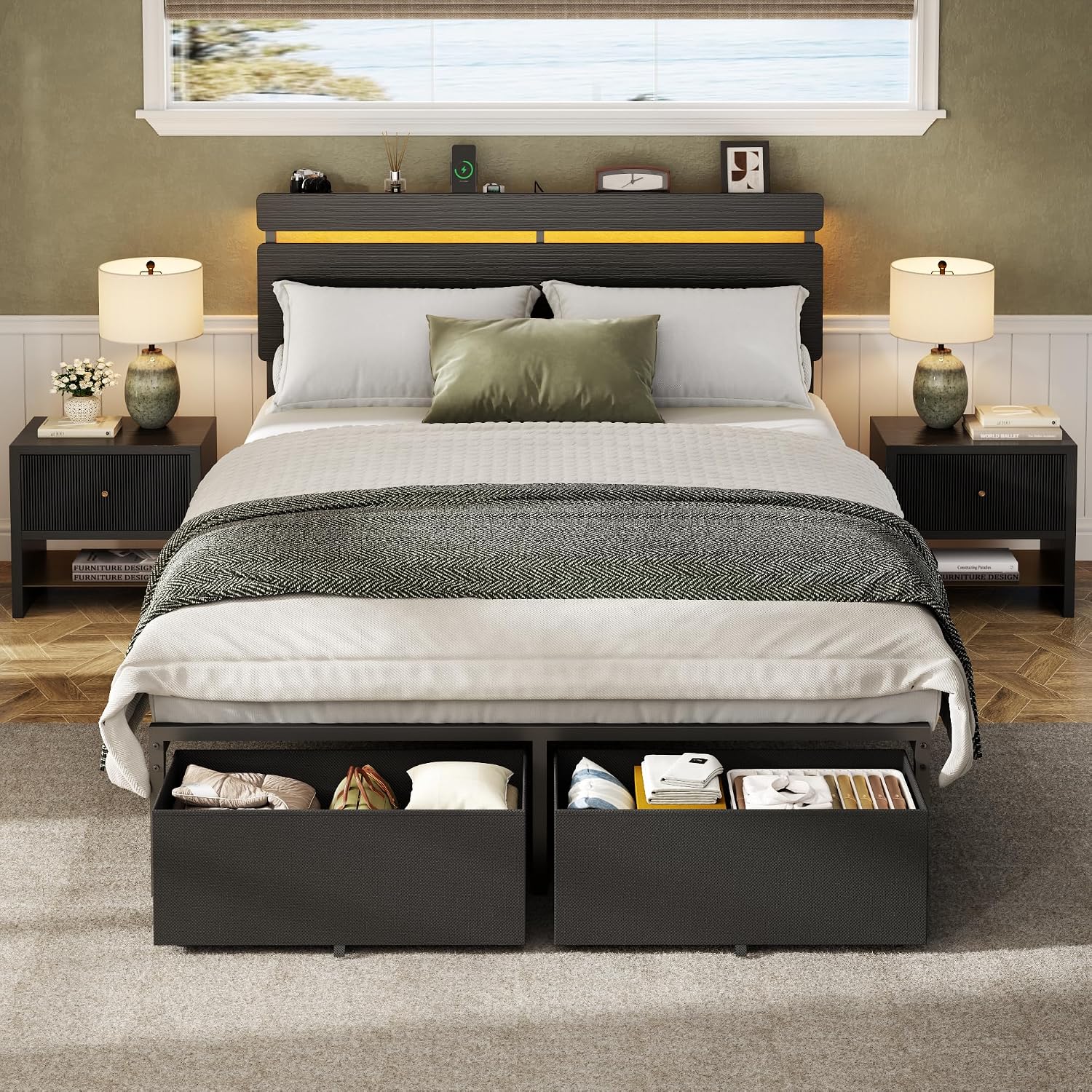 Detalle 2 de Forestell Full Size Bed Frame with Wood Headboard, Storage, RGB LEDs and USB-C