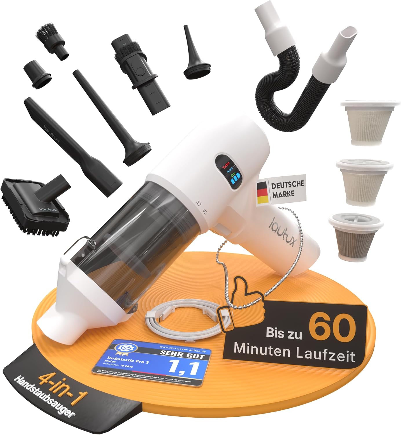 lautux Turbotastic Pro 2 Handstaubsauger (120 W, 18.000 Pa, HEPA-Filter) – Premium Set mit 4-in-1 Düsen