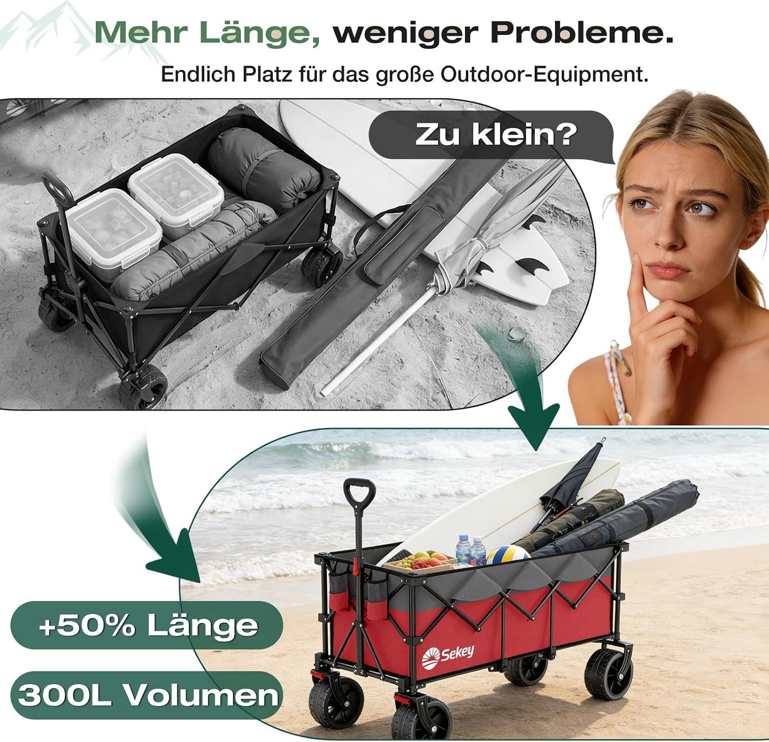 Detalle de Sekey XXXL Faltbarer Bollerwagen 300L/200kg – All-Terrain mit Extra Breite, 4-Wege Aufbau, Rot-Grau