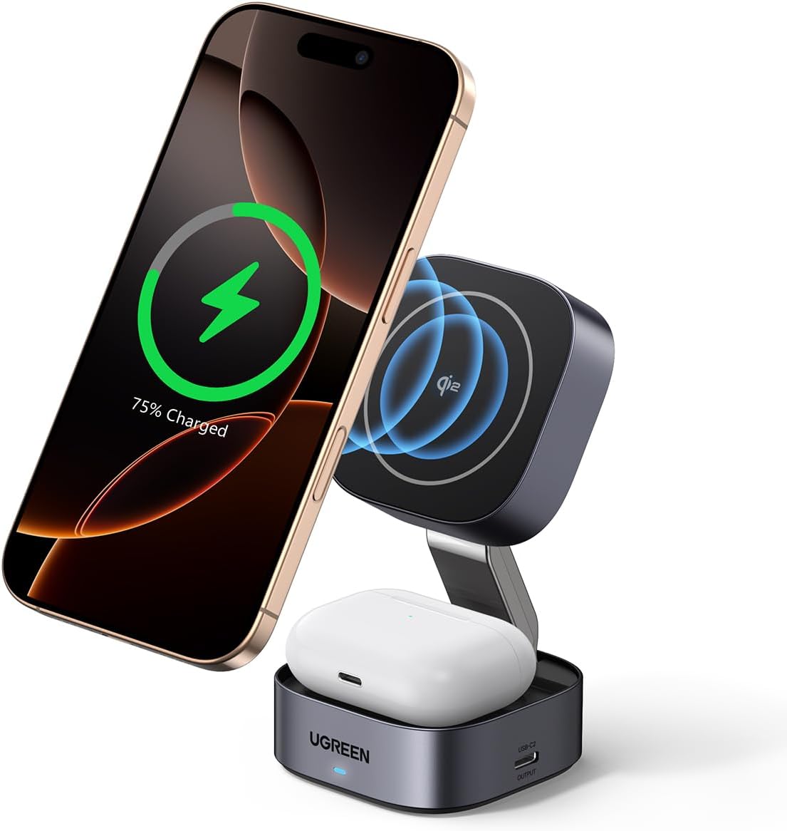 Detalle de UGREEN 15W MagFlow MagSafe Charger – 2-in-1 Wireless Station (Foldable) for iPhone and AirPods