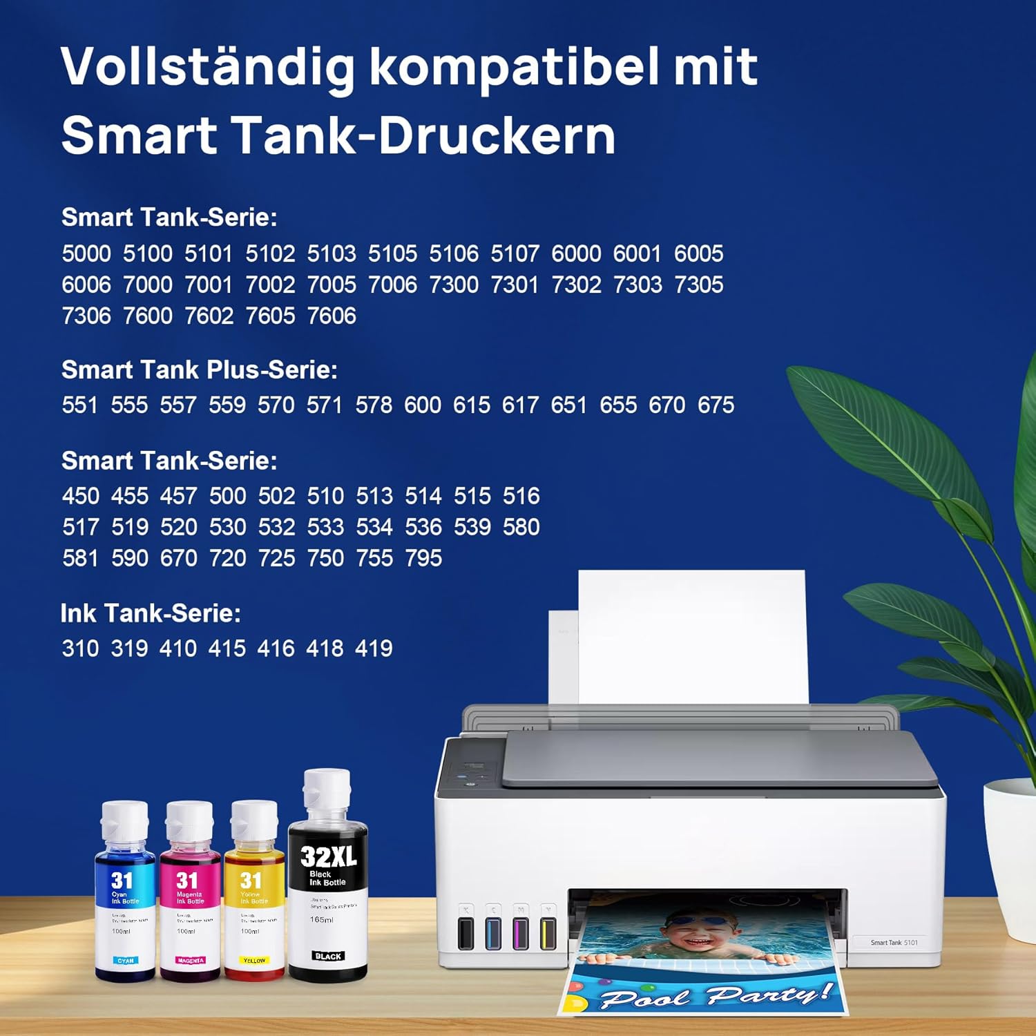 Detalle de Denvoer 31/32XL Tintenbundle für HP Smart Tank – 4 Flaschen, hoher Fassungsinhalt, einfache Nachfüllung