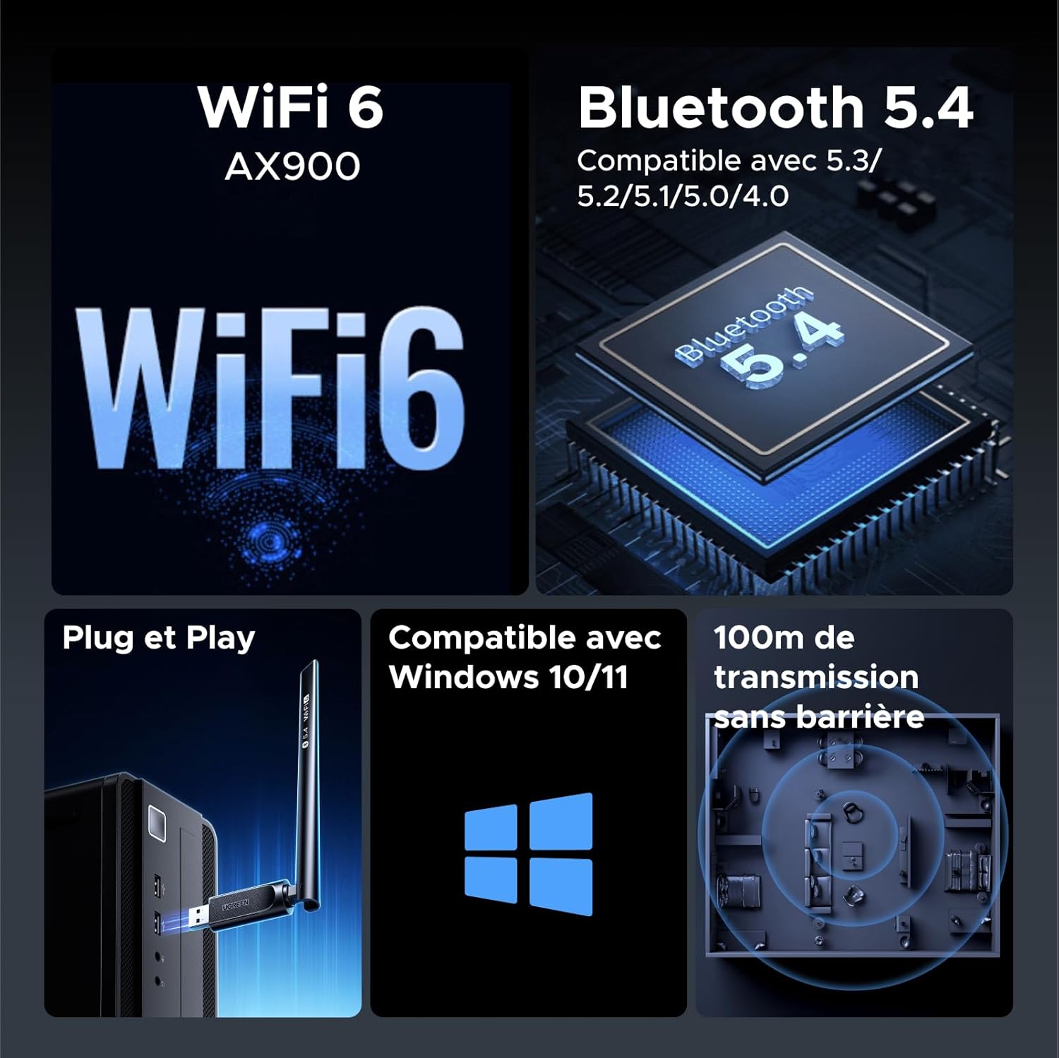 Thumbnail 1 de UGREEN Clé WiFi 6 AX900 Bluetooth 5.4 (adaptateur USB dual band 2,4/5 GHz avec antenne 6 dBi) pour Windows 11/10