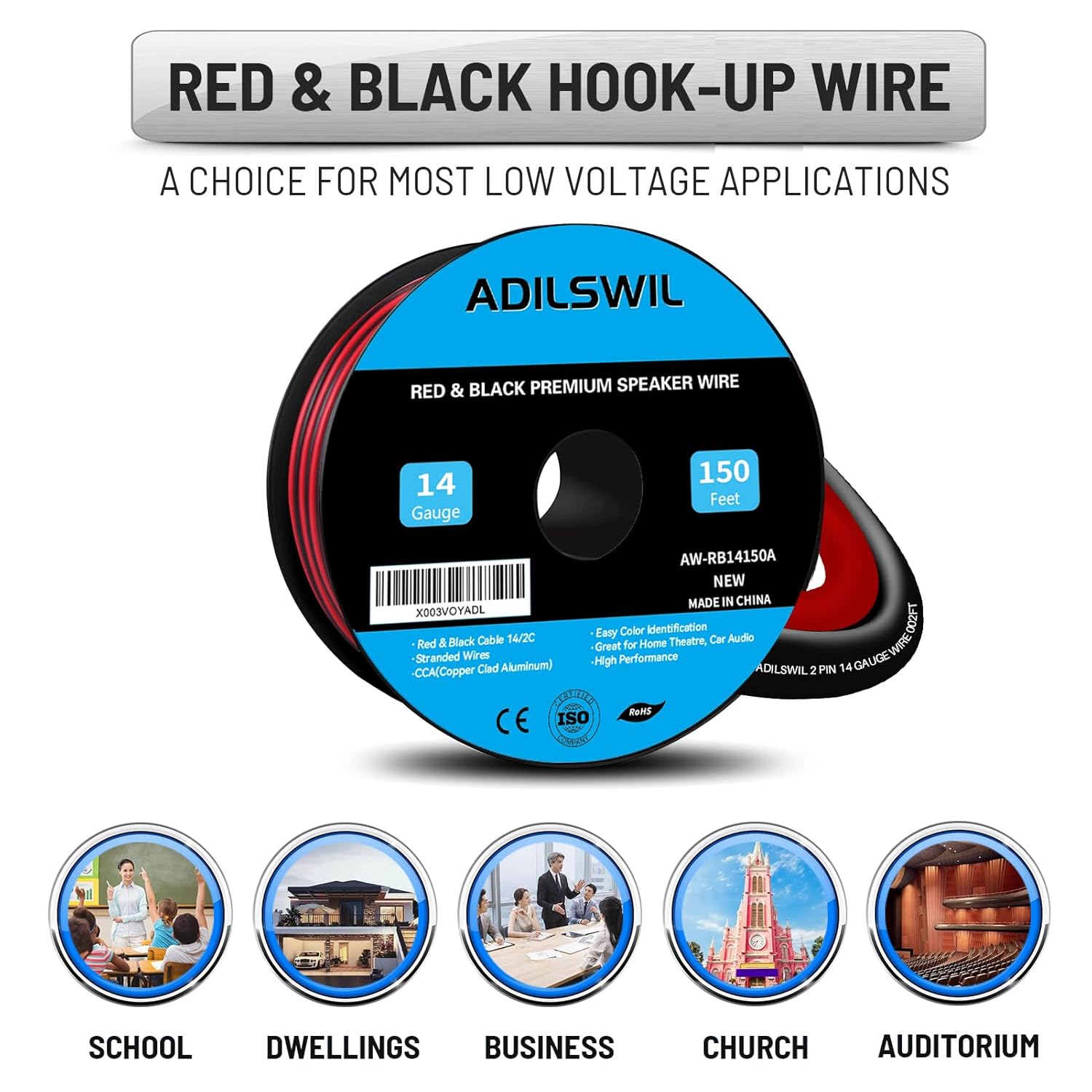 Thumbnail 5 de ADILSWIL 14AWG 150ft 2-Conductor Speaker Wire (Red/Black) for Low-Voltage LED & DC Hookups