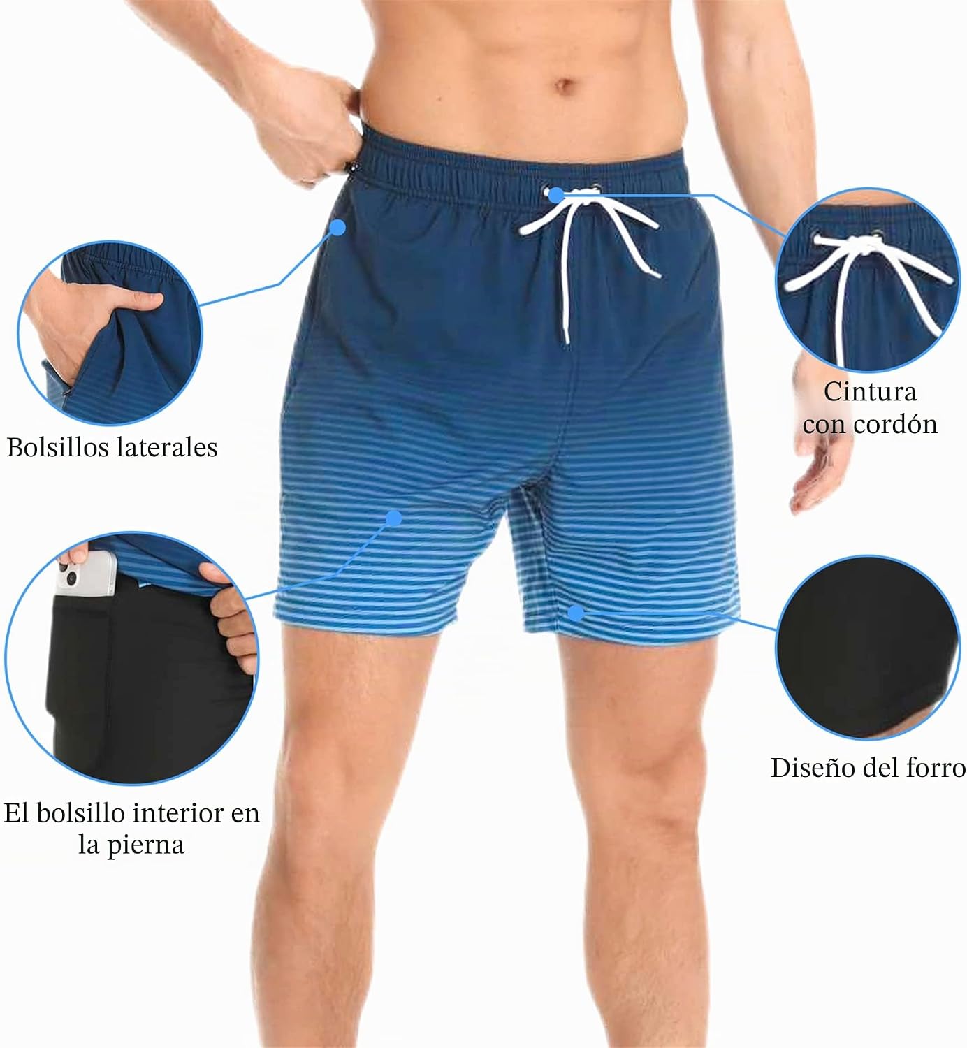 Detalle de Kfnire Bañador Hombre 2 en 1 con Forro de Compresión y Secado Rápido (H0mbe) – Hidrófugo