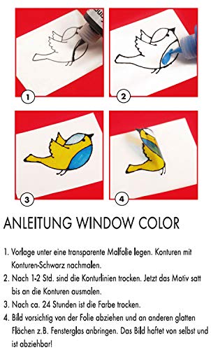 Detalle 2 de Marabu Window Color Set 0306000000100 – 10x 25 ml Fensterfarben + Malvorlage A4, 18 Motive, wasserbasierte Fenstermalfarben