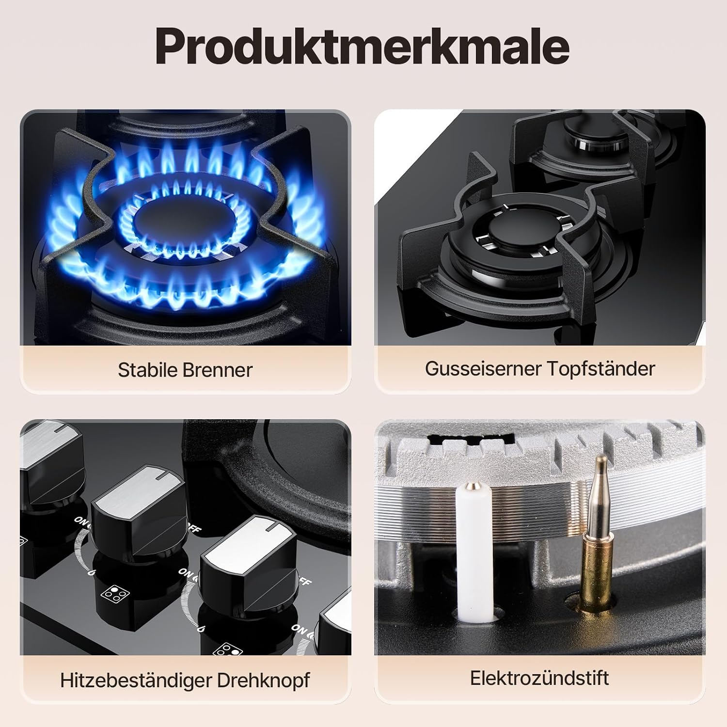 Detalle de WEHIMO Gas-Kochfeld 4 Flammig aus Glas, Einbau 59 cm – 4 Zonen, 7800 W