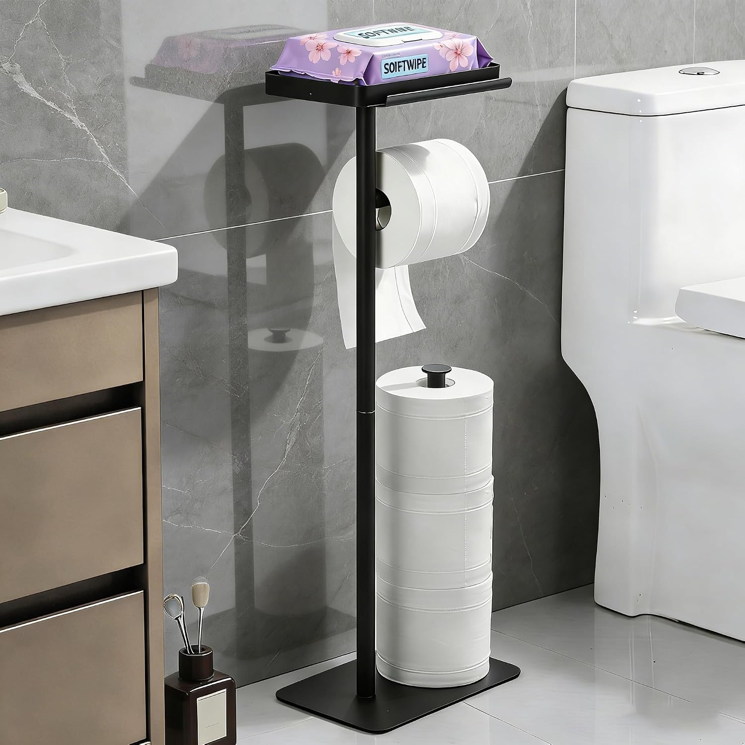 Detalle de ZUNTO Freestanding Toilet Roll Holder with Shelf – Matte Black, No Drilling, Holds 3 Rolls
