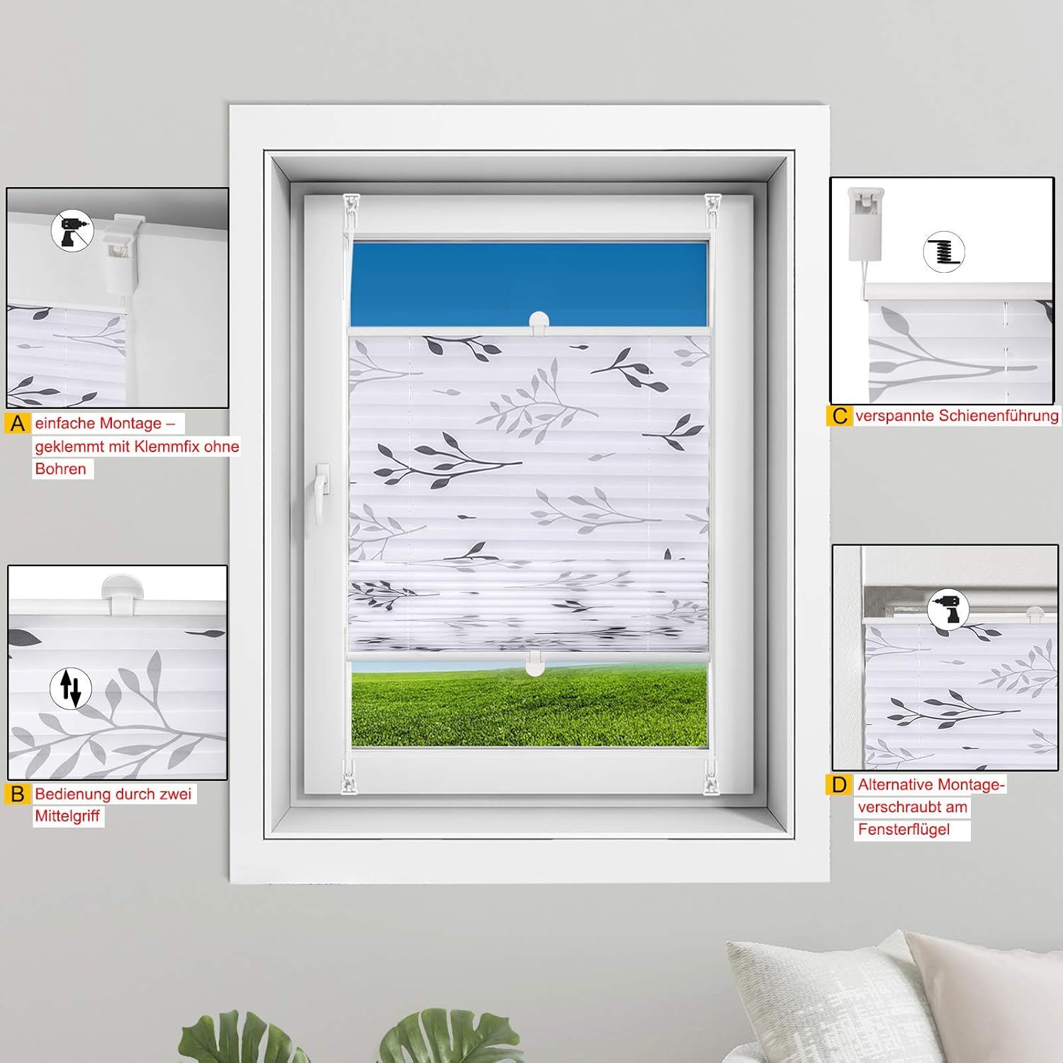 Thumbnail 3 de WOLTU Plissee Faltrollo Klemmfix ohne Bohren 90x130 cm Grau – Easyfix mit Klemmträger für Tür & Fenster