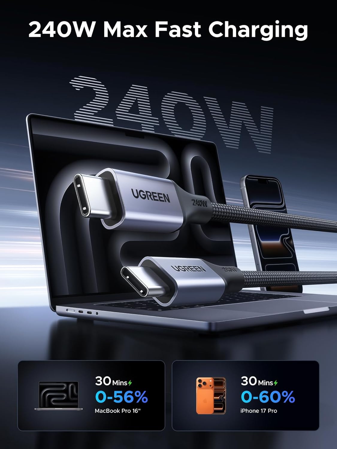 Thumbnail 2 de UGREEN Magnetic USB-C Cable (240W) – Coiled Retractable 1m USB-C to USB-C Fast Charging