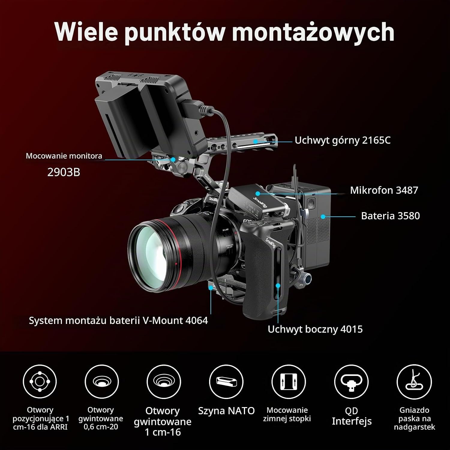 Thumbnail 6 de SMALLRIG 4975 Black Mamba – klatka do Canon EOS R5 Mark II z mocowaniami 1/4″ i 3/8″