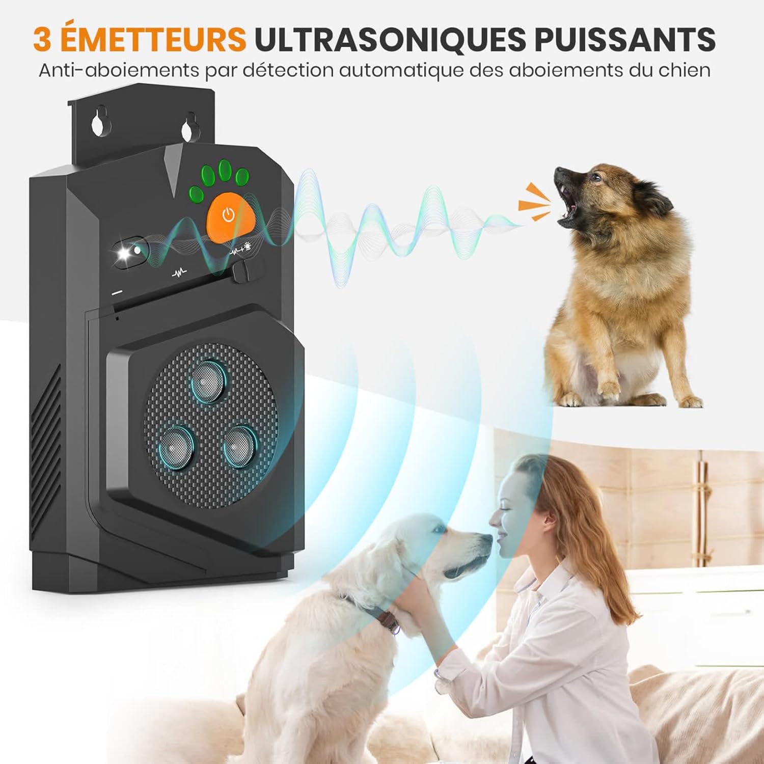 Detalle de Honey Paws Anti Aboiement Chien Ultrason Puissant – 3 Modes, IP56, Portée 15 m