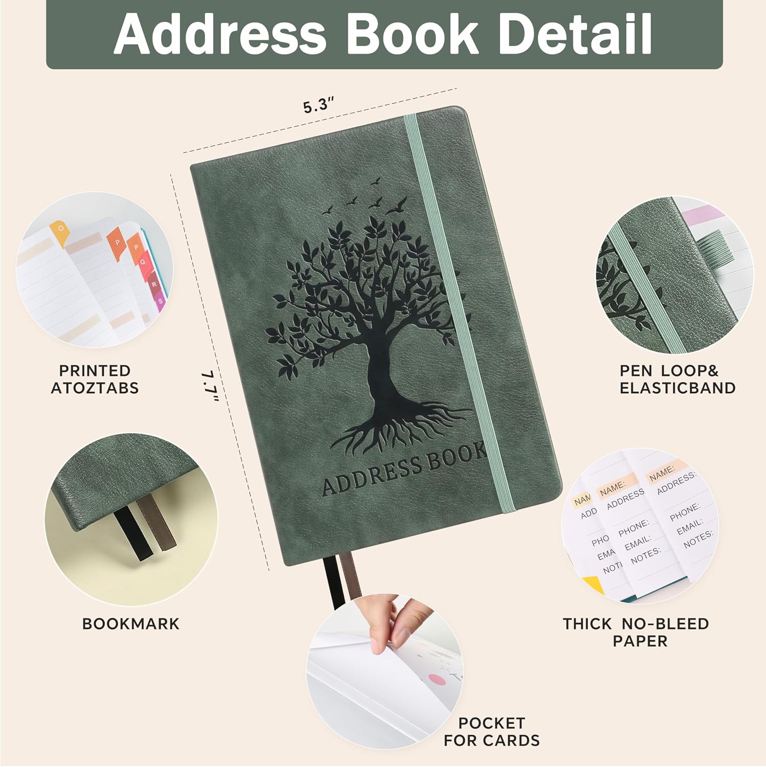 Detalle de ZXHQ ZXUSADDRESSBOOK08 Address Book, 600+ Contacts, Sage Green Hardcover