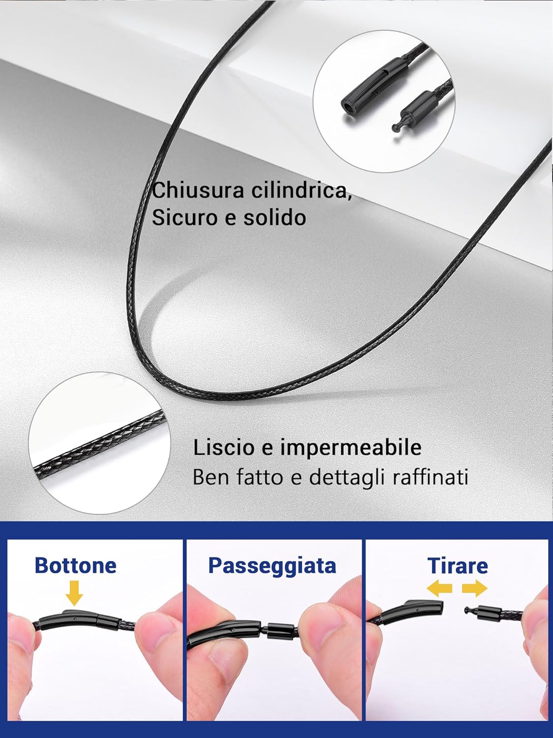 Thumbnail 4 de PROSTEEL collana unisex con cordino nero in pelle rivestita in cera e chiusura in acciaio inox