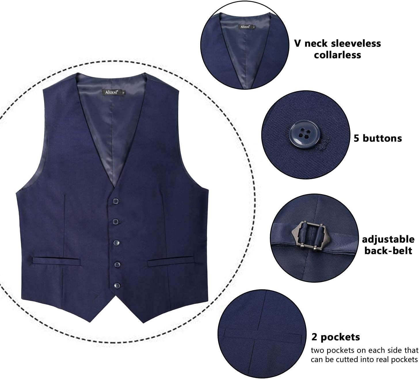 Detalle 2 de Alizeal Men's Classic Solid Colour Business Suit Vest – Regular Fit