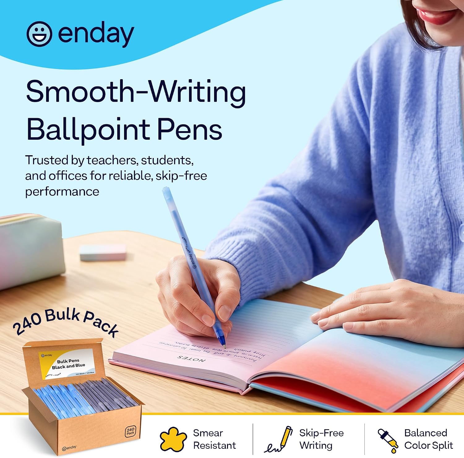 Detalle de Enday 8183 Ballpoint Pens, 240 Pack, Black and Blue, 1.0 mm Medium Point