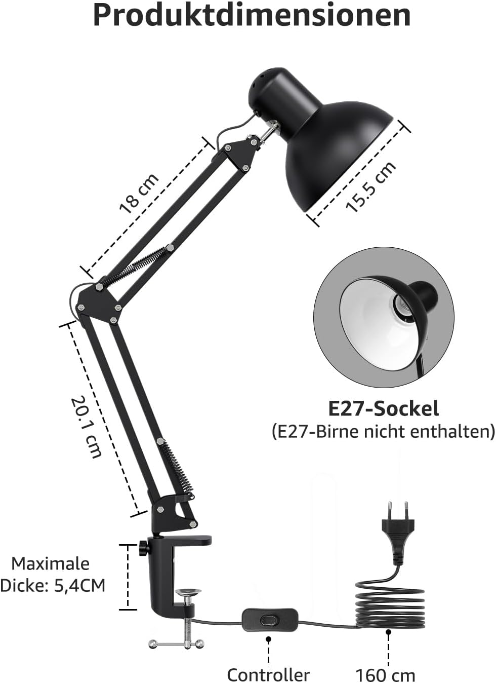 Detalle de Lepro Retro-Schreibtischlampe mit Klemme, E27 (HxBxT 38 x 15 x 27 cm), schwenkbar und verstellbar in Schwarz