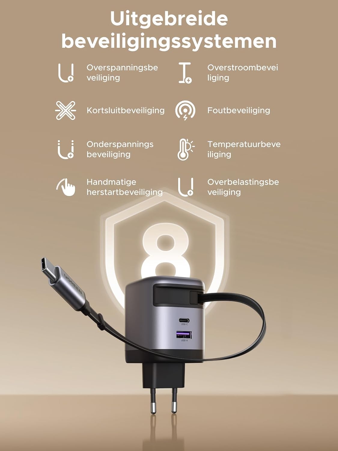 Thumbnail 6 de UGREEN Nexode 65W USB-C-lader met intrekbare kabel van 69 cm en 3 poorten