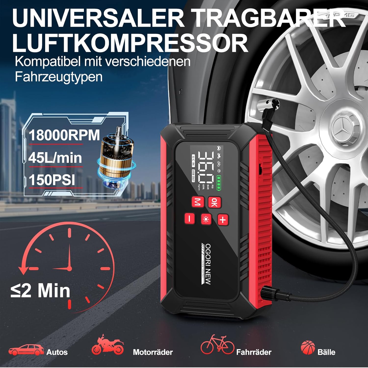 Detalle de OGORI NEW Starthilfe Powerbank 6000A mit 150 PSI Kompressor – All-in-One Notfallwerkzeug für Pkw, Motorräder und mehr